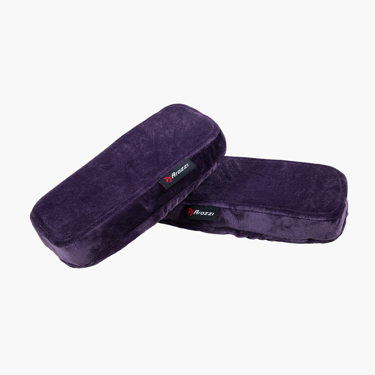 Two purple Memory Foam Armrest Pads by Arozzi Europe shown on a white background.