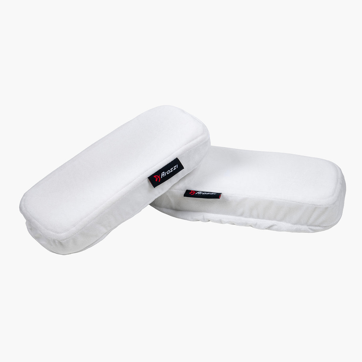 Two white Memory Foam Armrest Pads by Arozzi Europe, with black and red branded tags.