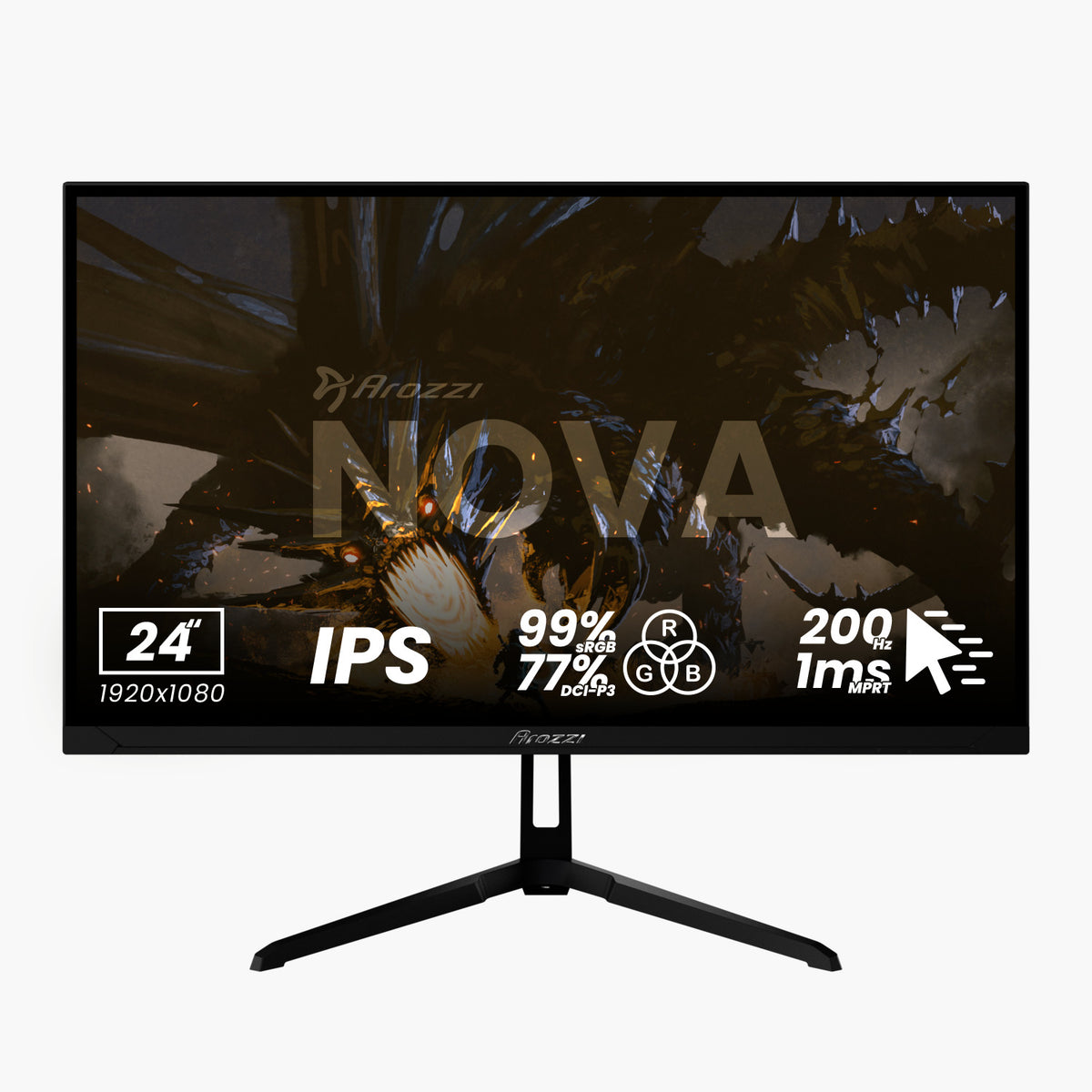 Arozzi Europe Nova 24″ IPS Gaming Monitor with 200Hz refresh rate displayed on screen.
