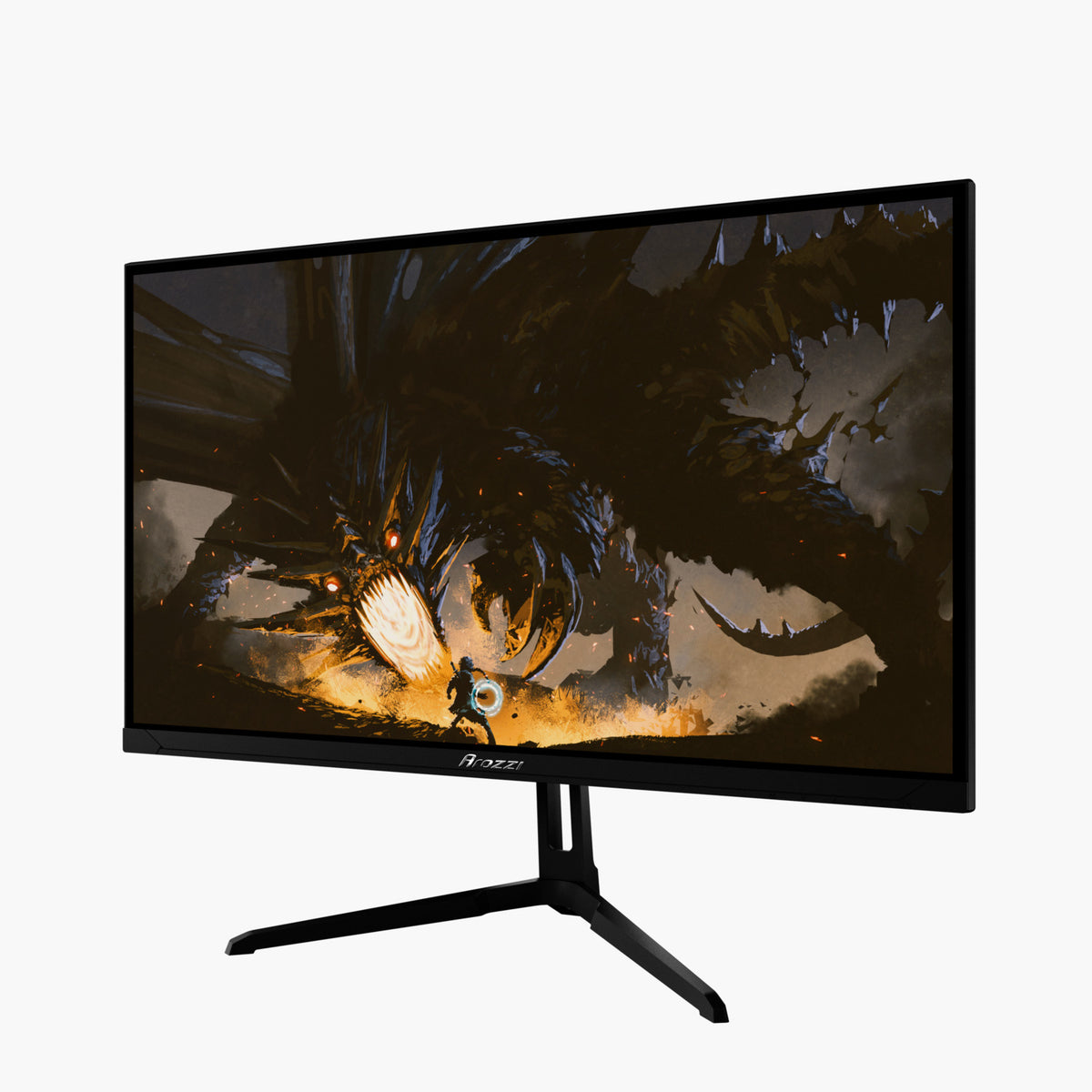 Arozzi Nova 24″ IPS 200Hz gaming monitor shows art of a person confronting a huge dark dragon.