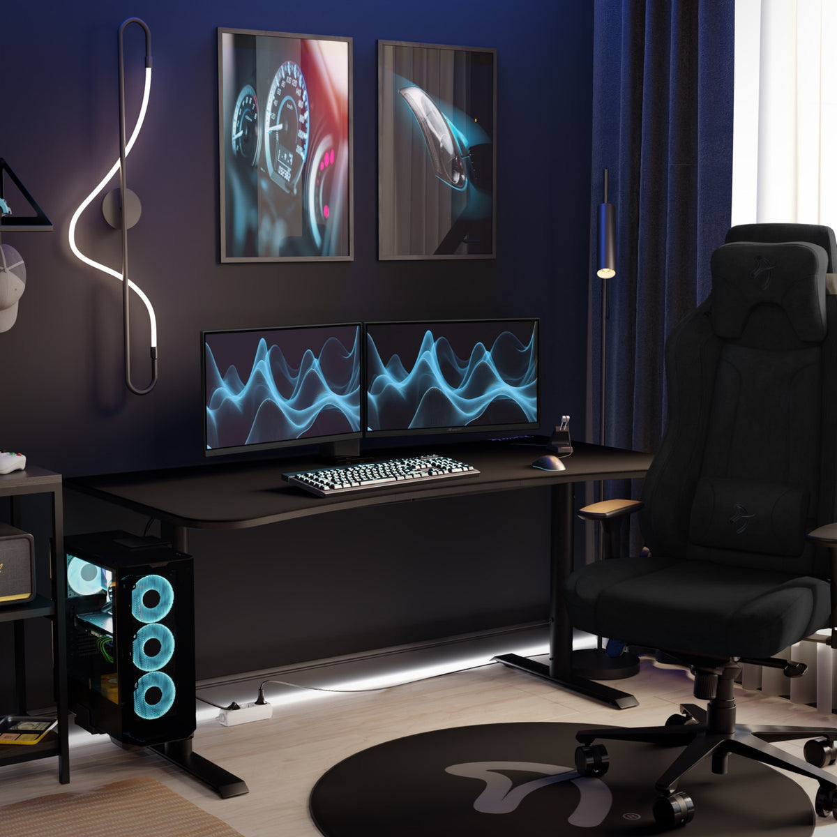 Dual monitors, with an Arozzi Europe Nova 24″ IPS 200Hz, on desk with LEDs and gaming chair.