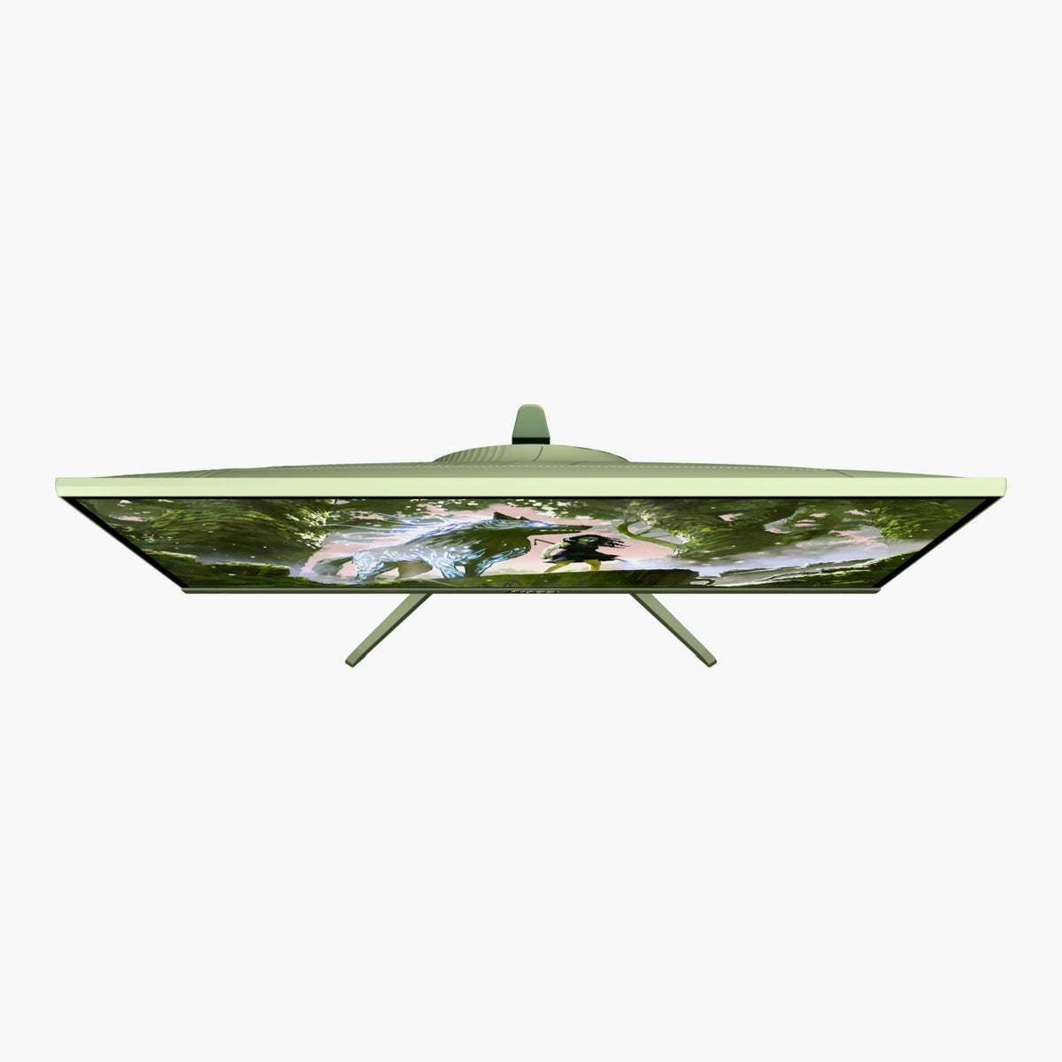 Top view of Arozzi Europe Nova 24″ IPS 200Hz Gaming Monitor with green stand displaying nature.