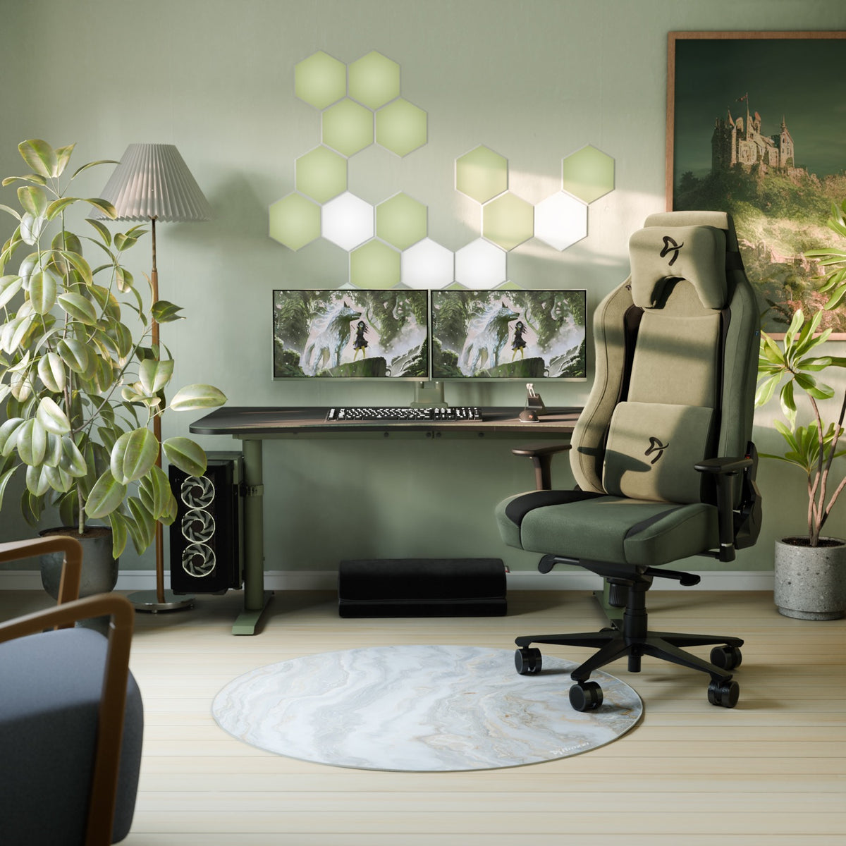 Modern office with plants, two Nova 24″ Arozzi monitors, gaming chair, and castle wall art.