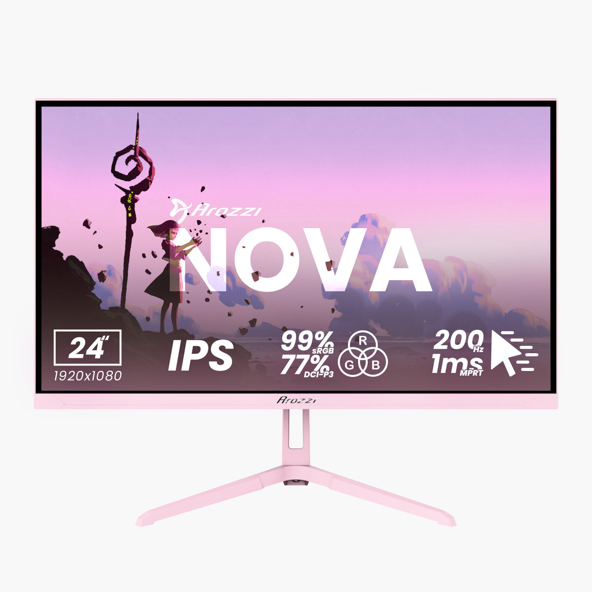 Arozzi Europe Nova 24″ IPS Gaming Monitor, 1080p, 1ms, 200Hz, Pink.