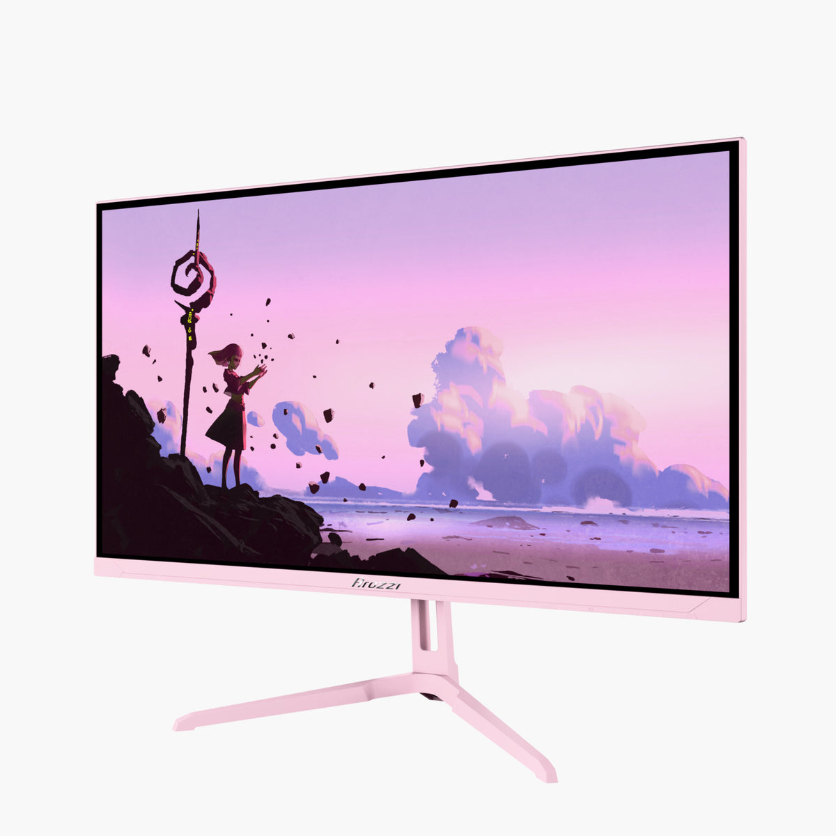 Arozzi Europe Nova 24″ pink gaming monitor shows digital art of a girl on a beach at sunset.