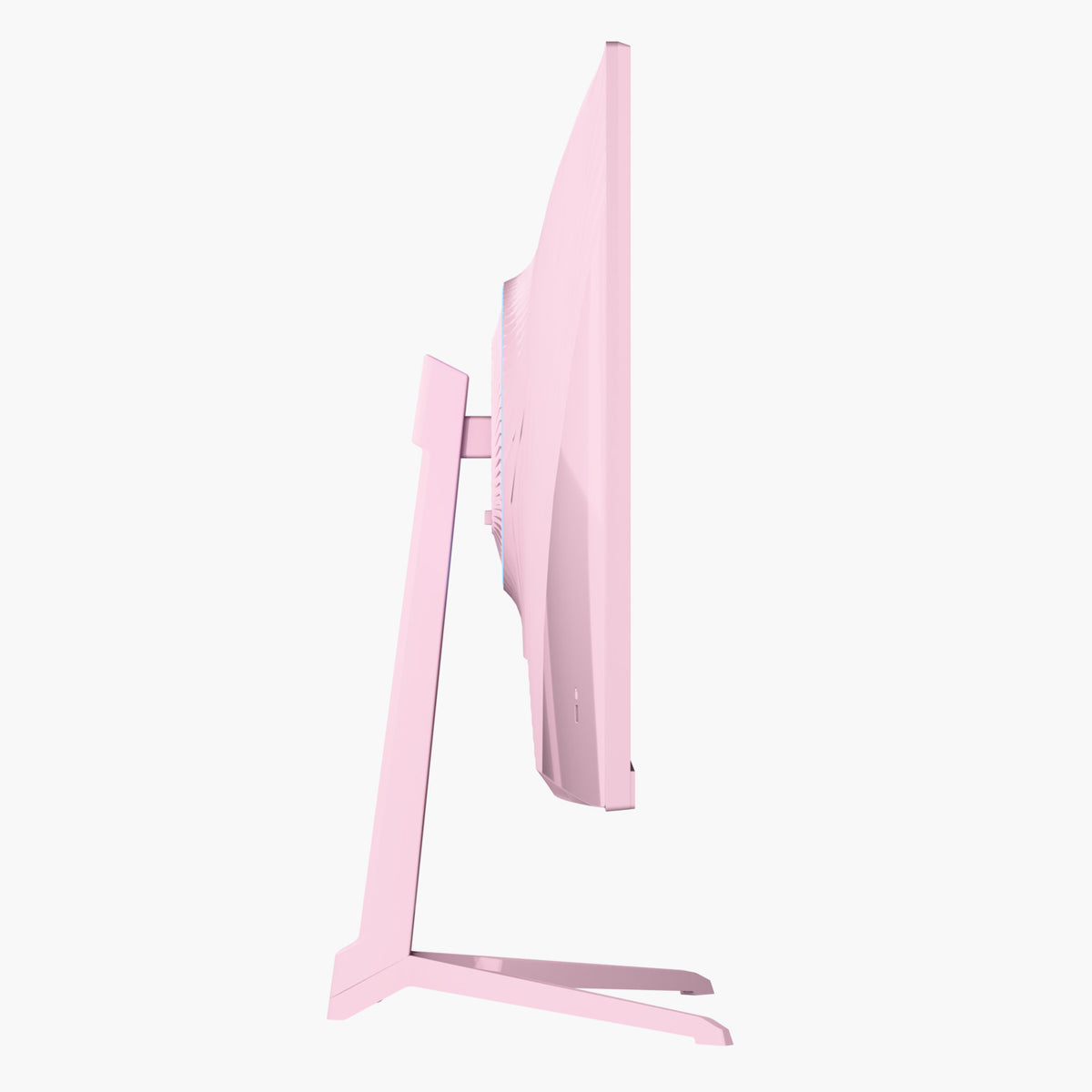 Side view of Arozzi Europe Nova 24″ IPS 200Hz gaming monitor, pink, on stand, white background.
