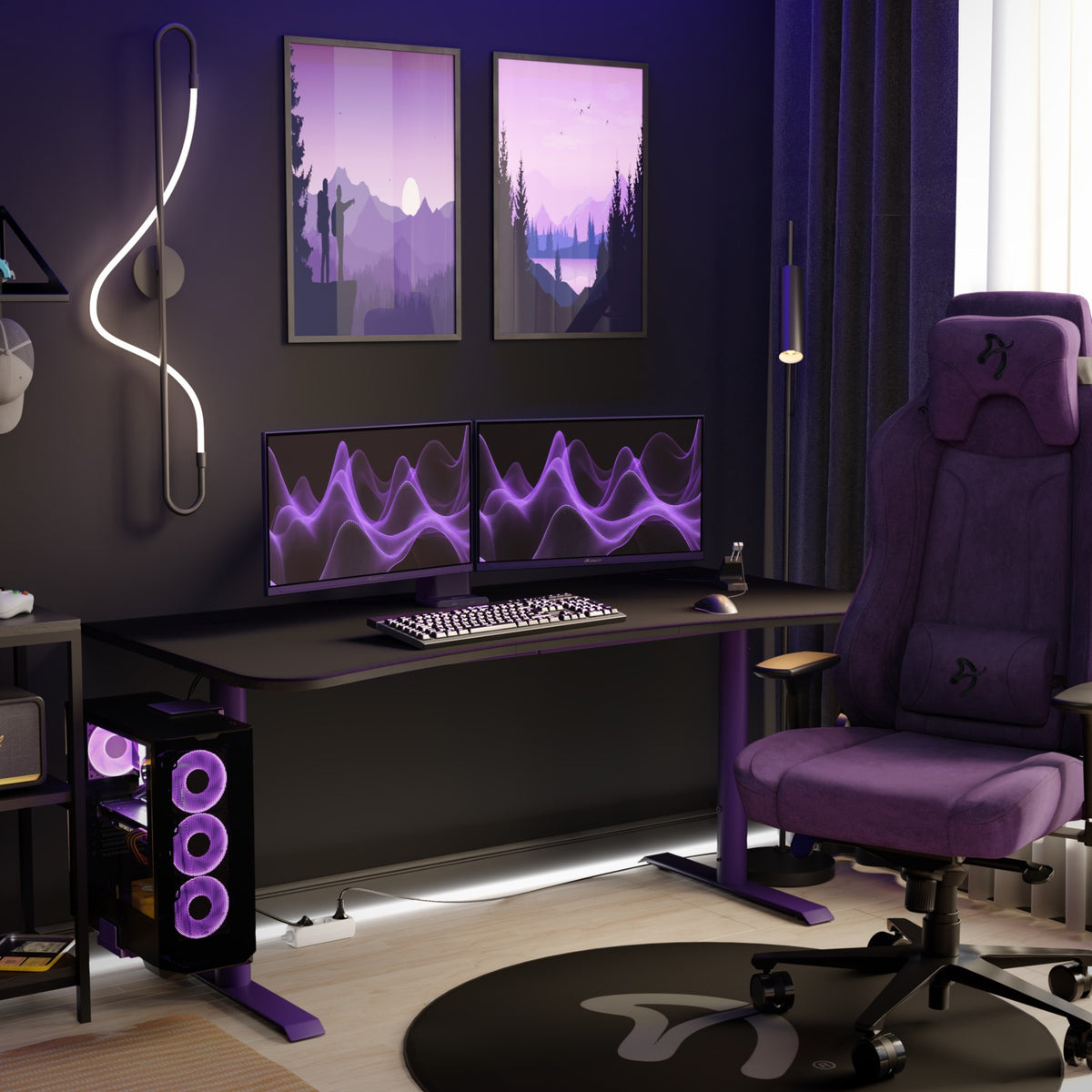 Dual Nova 24″ IPS 200Hz monitors by Arozzi, LED lights, and purple chair in a dark room.