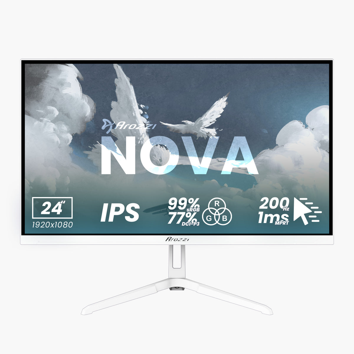 Arozzi Europe Nova 24″ IPS 200Hz Gaming Monitor, white, clouds and flying bird in background.