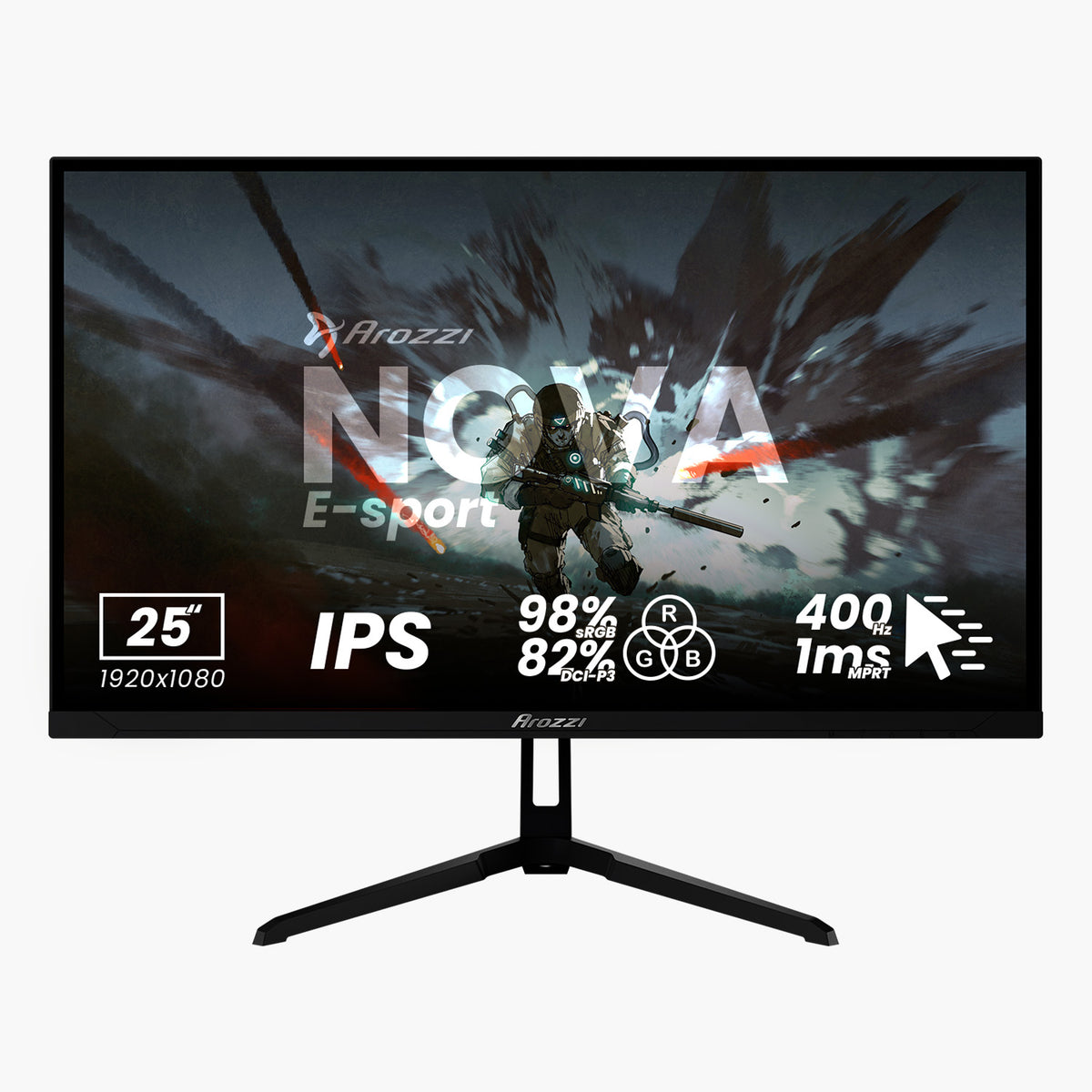 Arozzi Nova 25″ E-sport IPS 400Hz gaming monitor, black, with 1ms response & graphic on display.