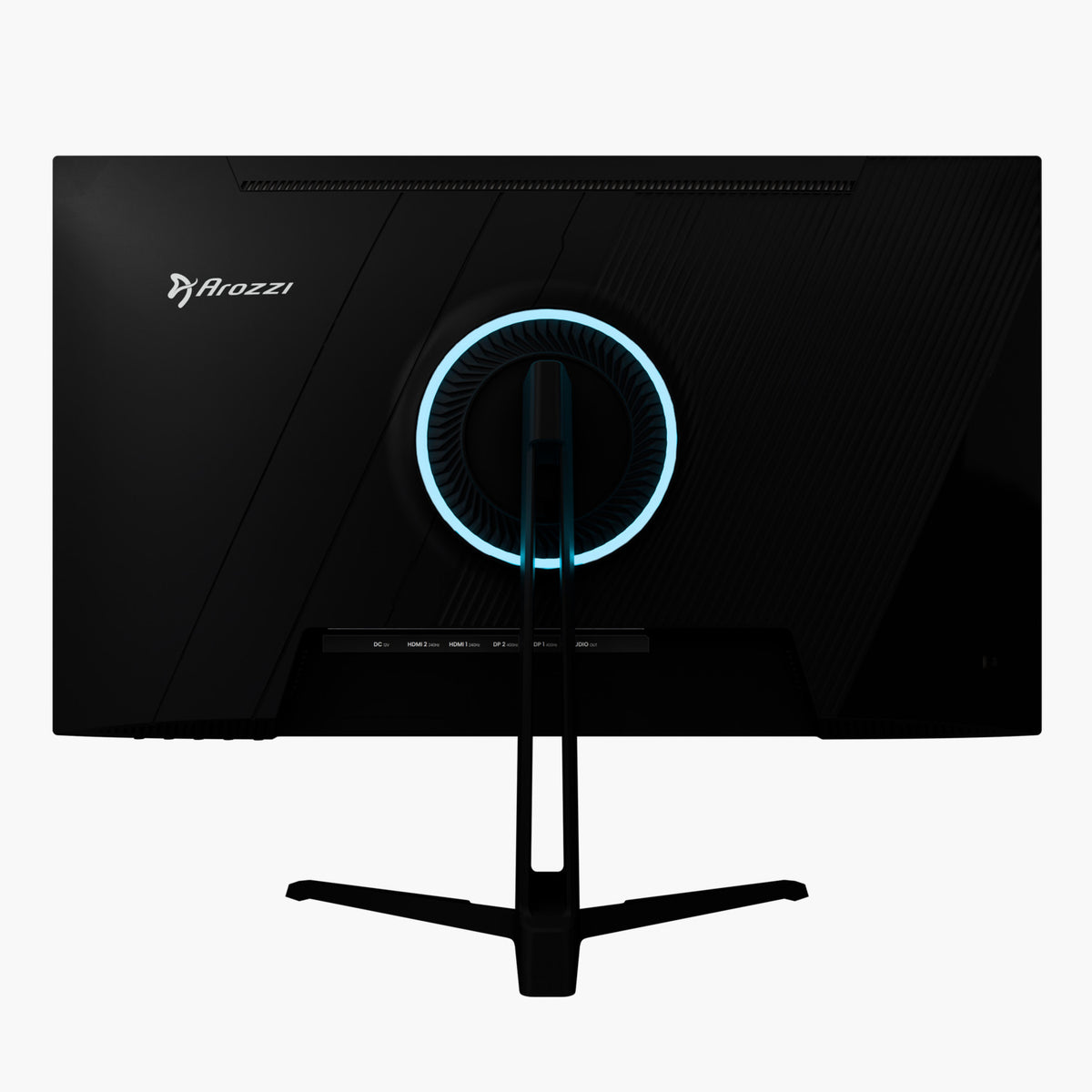 Back view of Arozzi Europe Nova 25″ E-sport IPS 400Hz monitor with blue-lit stand ring.