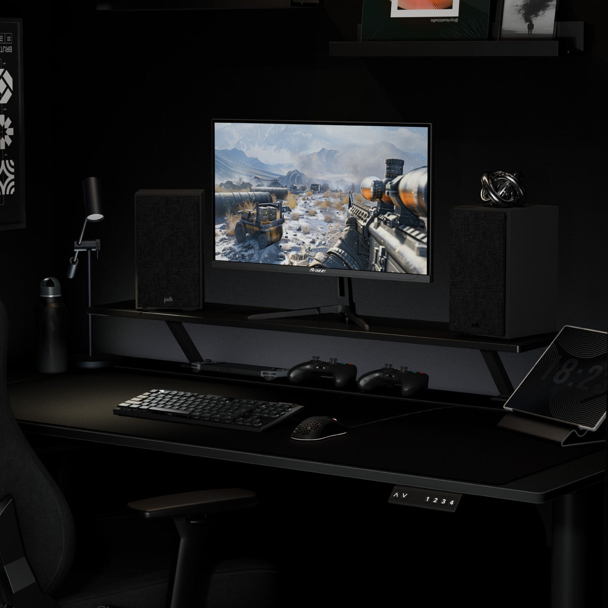 Dark gaming setup: Arozzi Europe Nova 25″ E-sport IPS 400Hz monitor, keyboard, mouse, speakers.