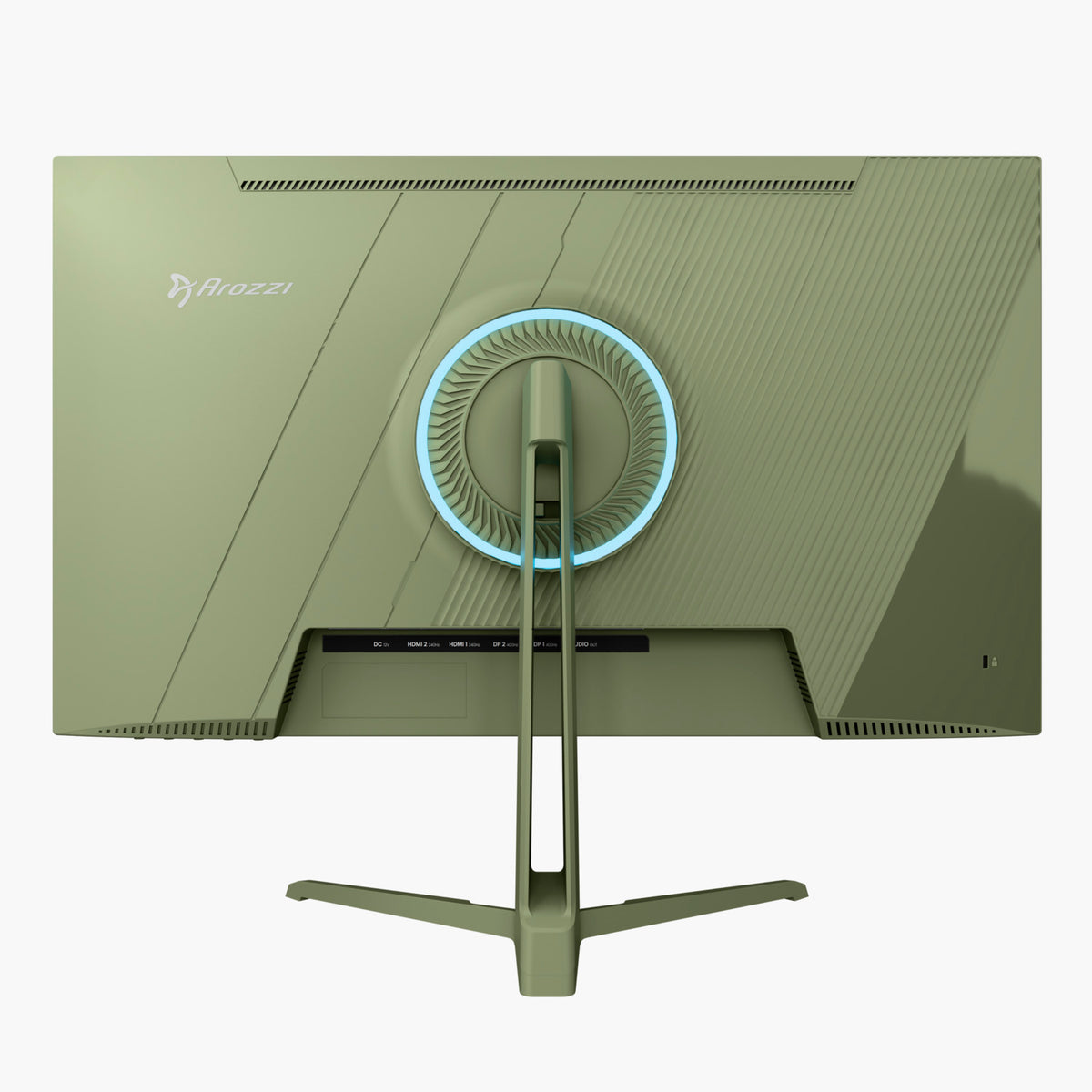 Back view of green Arozzi Europe Nova 25″ E-sport IPS 400Hz gaming monitor with LED and V-stand.