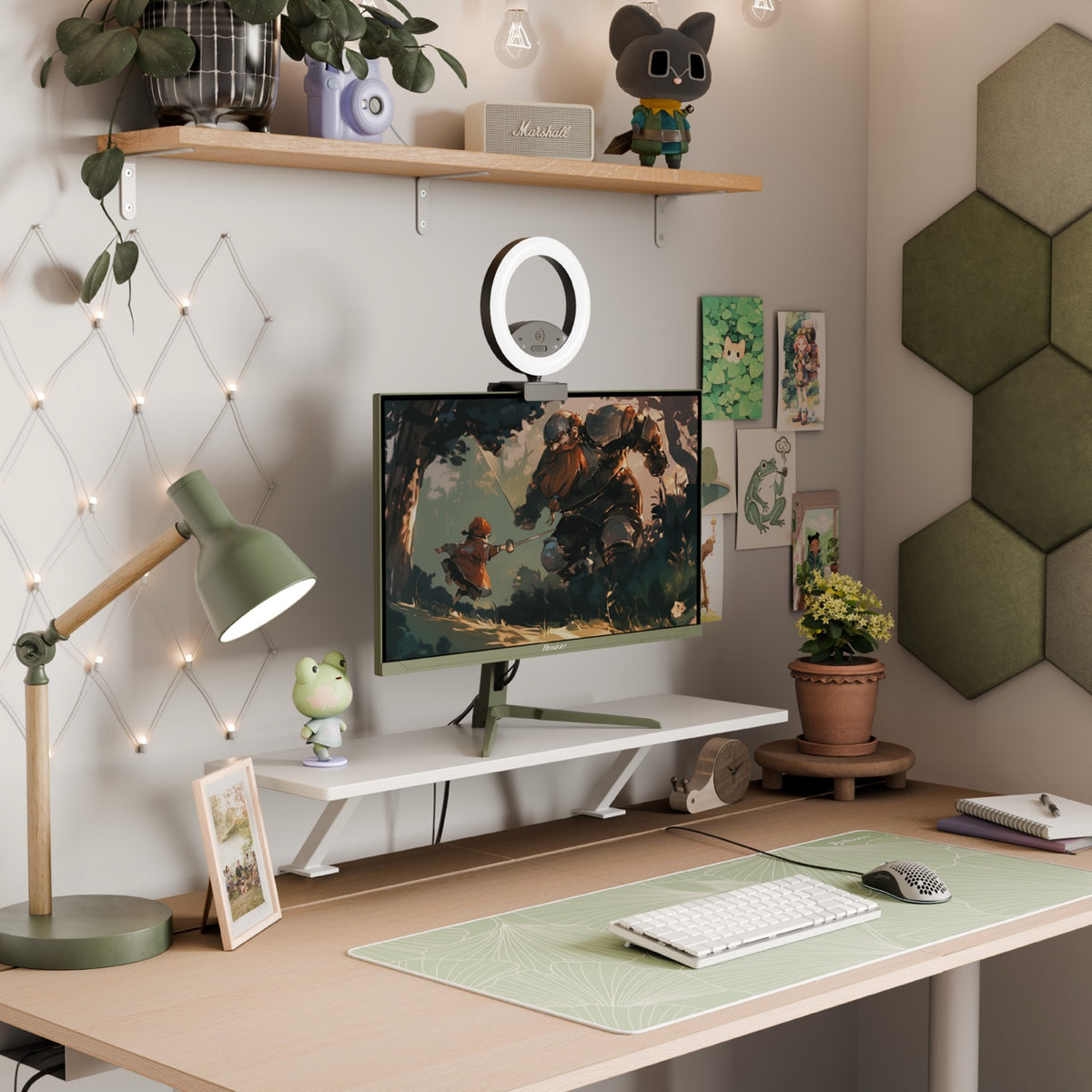 Minimalist desk with Arozzi Nova 25″ 400Hz monitor, lamp, plants, and frog-themed decor.