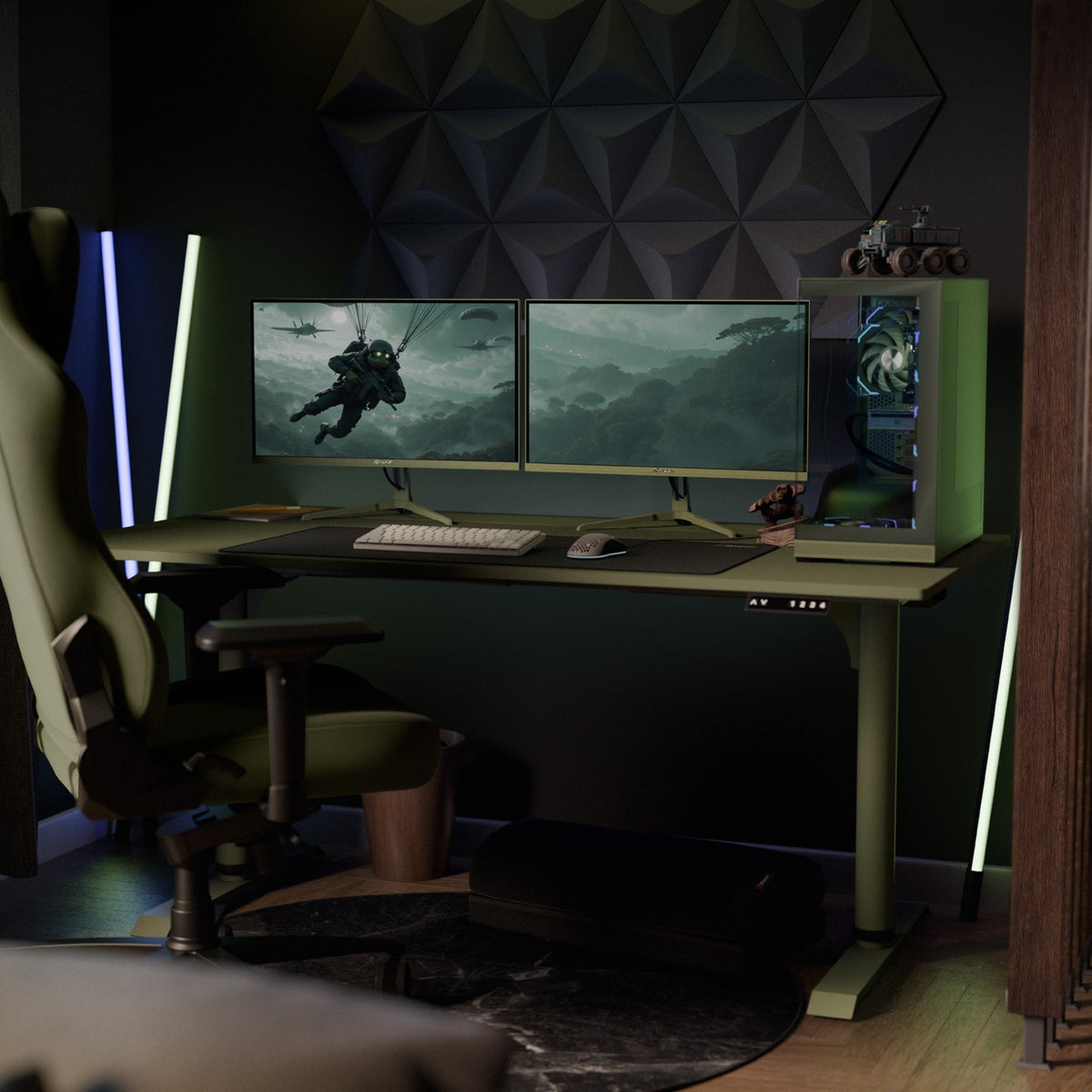 Two Nova 25″ E-sport IPS 400Hz monitors, on a green desk with PC lights and a green gaming chair.