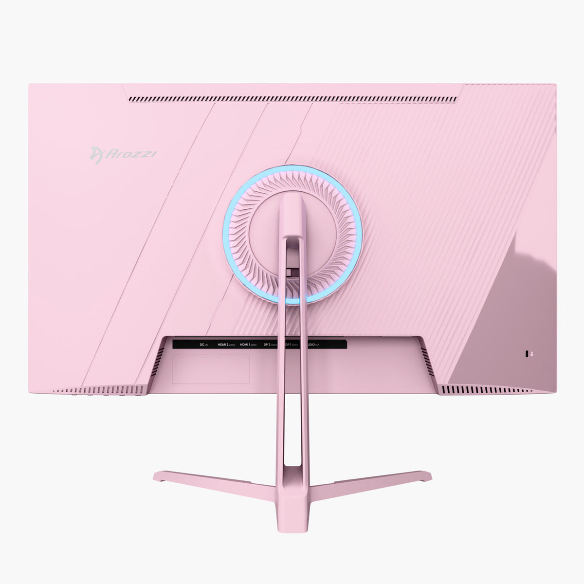 Back of Arozzi Nova 25″ IPS 400Hz pink gaming monitor with circular LED and 1ms response.