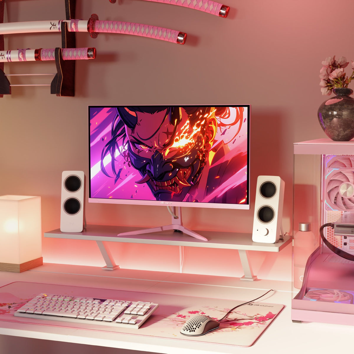 Pink-lit setup with Nova 25″ 400Hz monitor (1ms, Arozzi Europe) and katana swords.