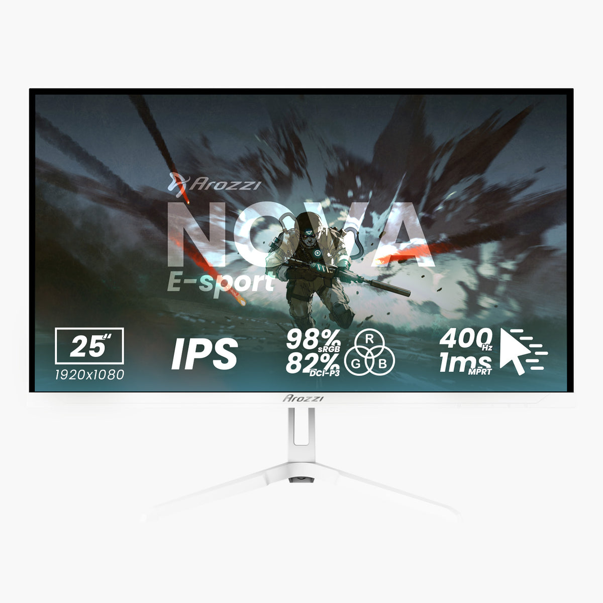 Arozzi Nova 25″ E-sport 400Hz, IPS, 98% DCI-P3, 1ms, FHD gaming monitor in white.