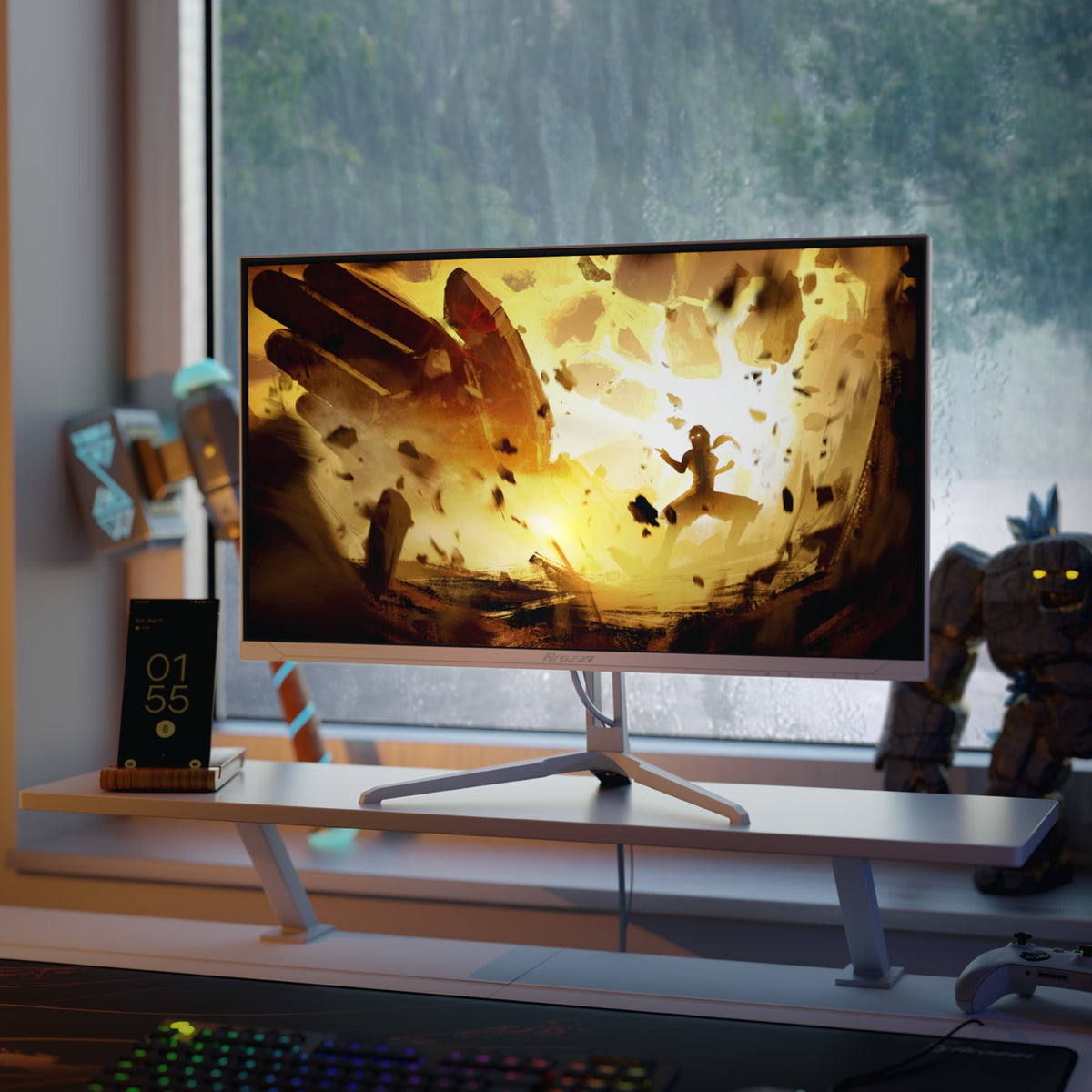 Arozzi Nova 25″ 400Hz monitor shows action art; phone and toy robot are nearby.