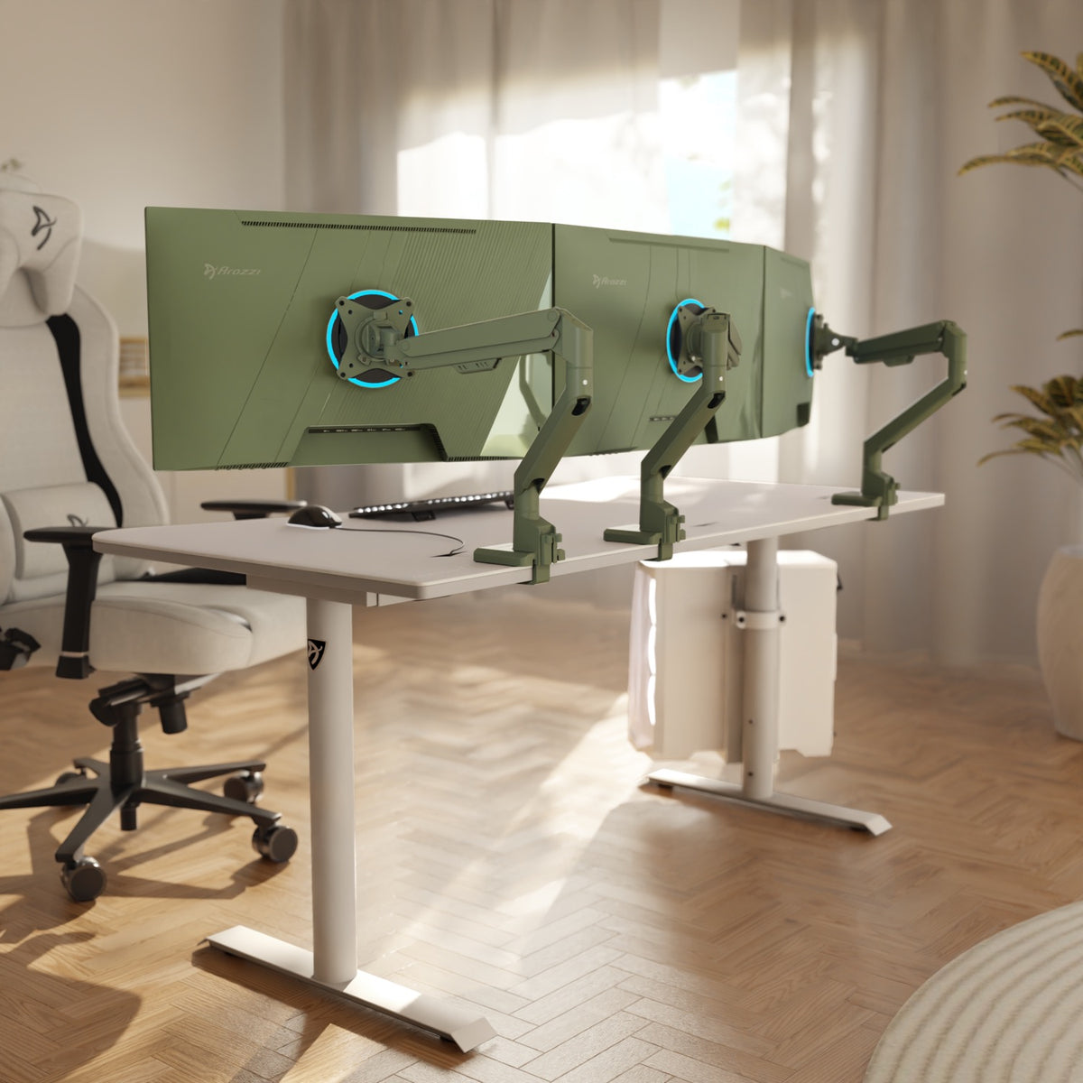 Two Arozzi Nova 27″ IPS 180Hz gaming monitors on arms in a bright, modern office.