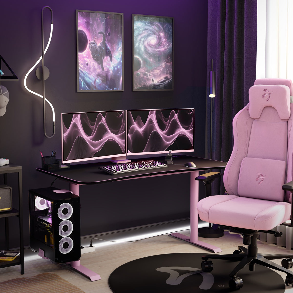 Dual Nova 27″ IPS 180Hz monitors, pink chair, and purple LED lighting for a modern setup.