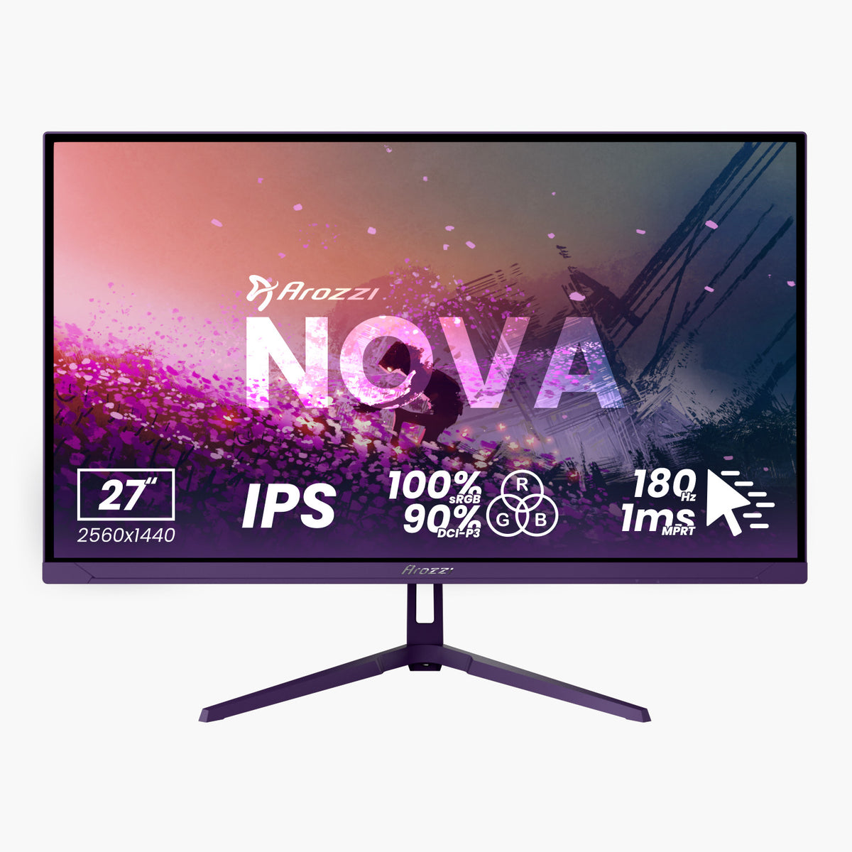 Arozzi Europe Nova 27″ IPS 180Hz Gaming Monitor displayed on a vibrant abstract backdrop.