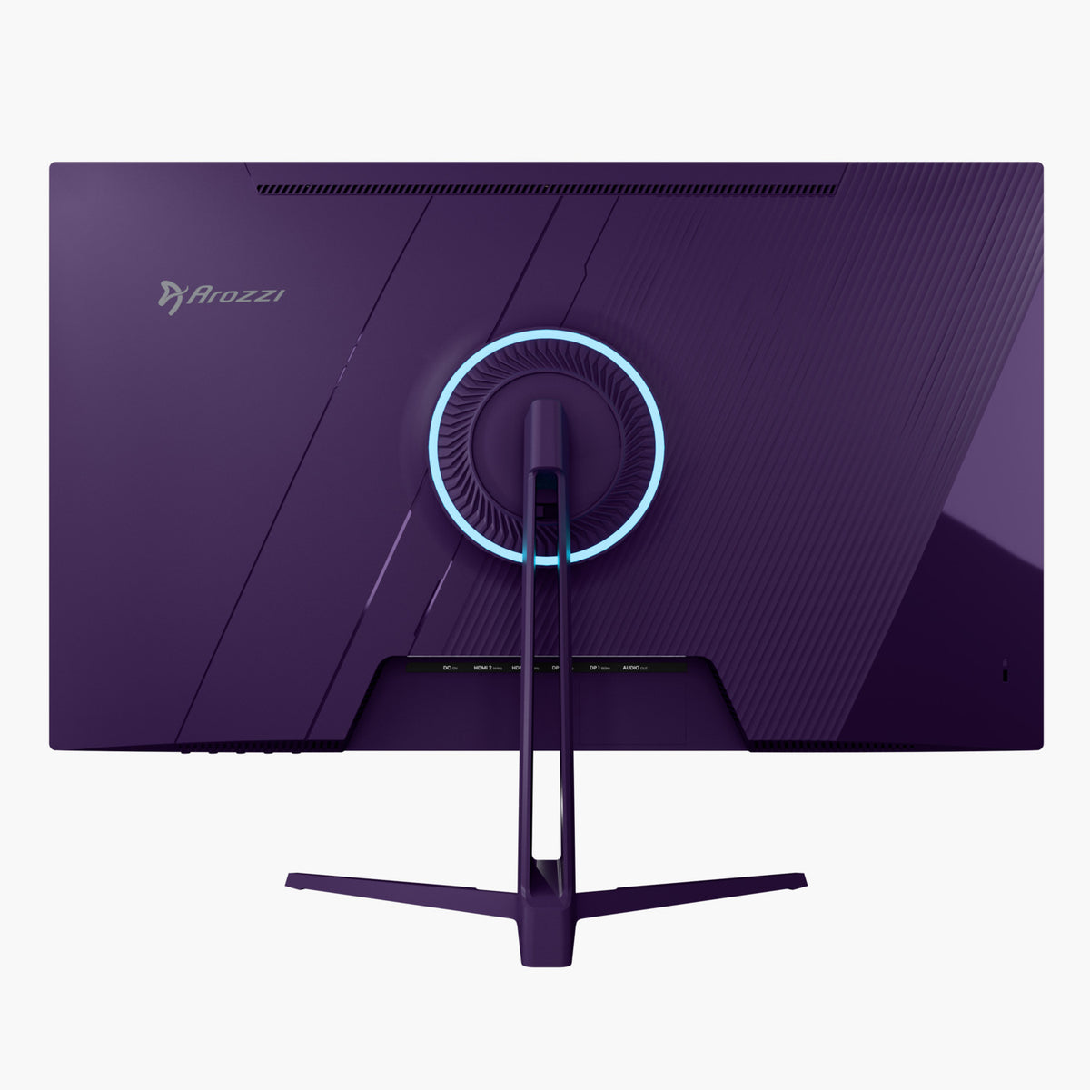Arozzi Nova 27″ IPS 180Hz QHD gaming monitor, purple back, glowing circle stand light.