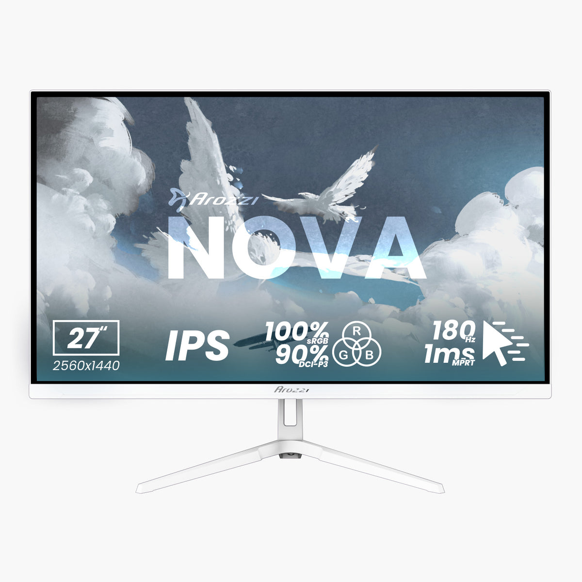 Arozzi Europe Nova 27″ IPS 180Hz QHD gaming monitor; clouds and bird in the background.
