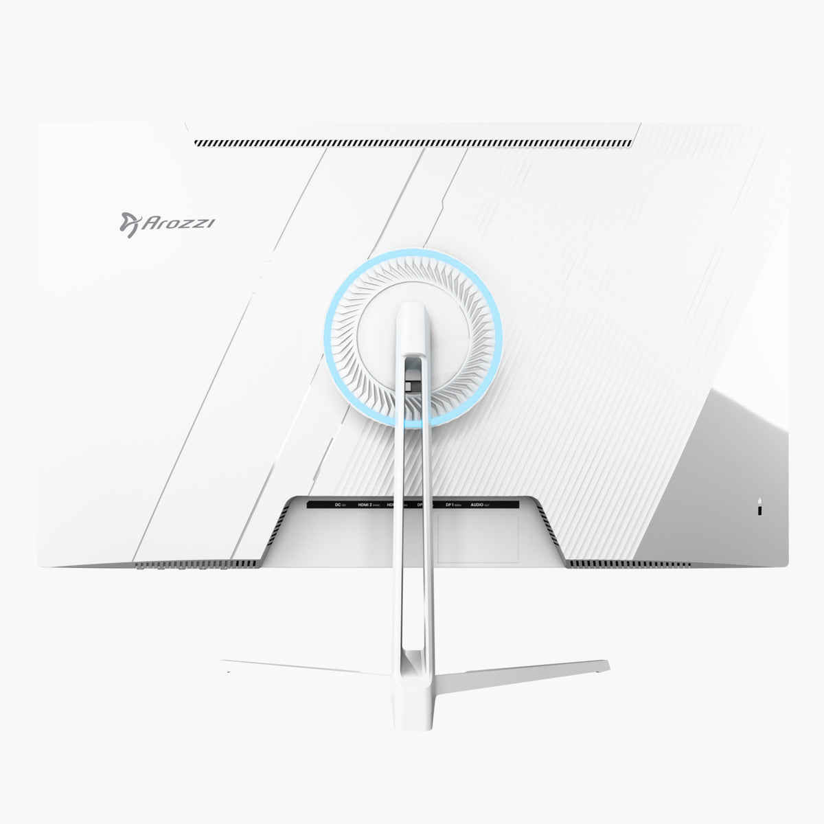 Back of Arozzi Europe Nova 27″ IPS 180Hz QHD gaming monitor with blue accent and white stand.