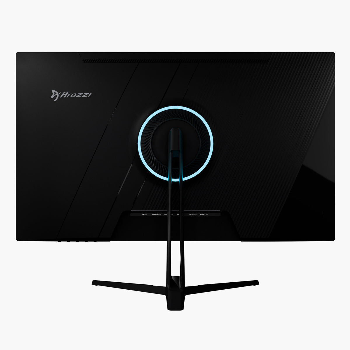 Back of Arozzi Europe Nova 27″ IPS 260Hz monitor with glowing circular stand light.