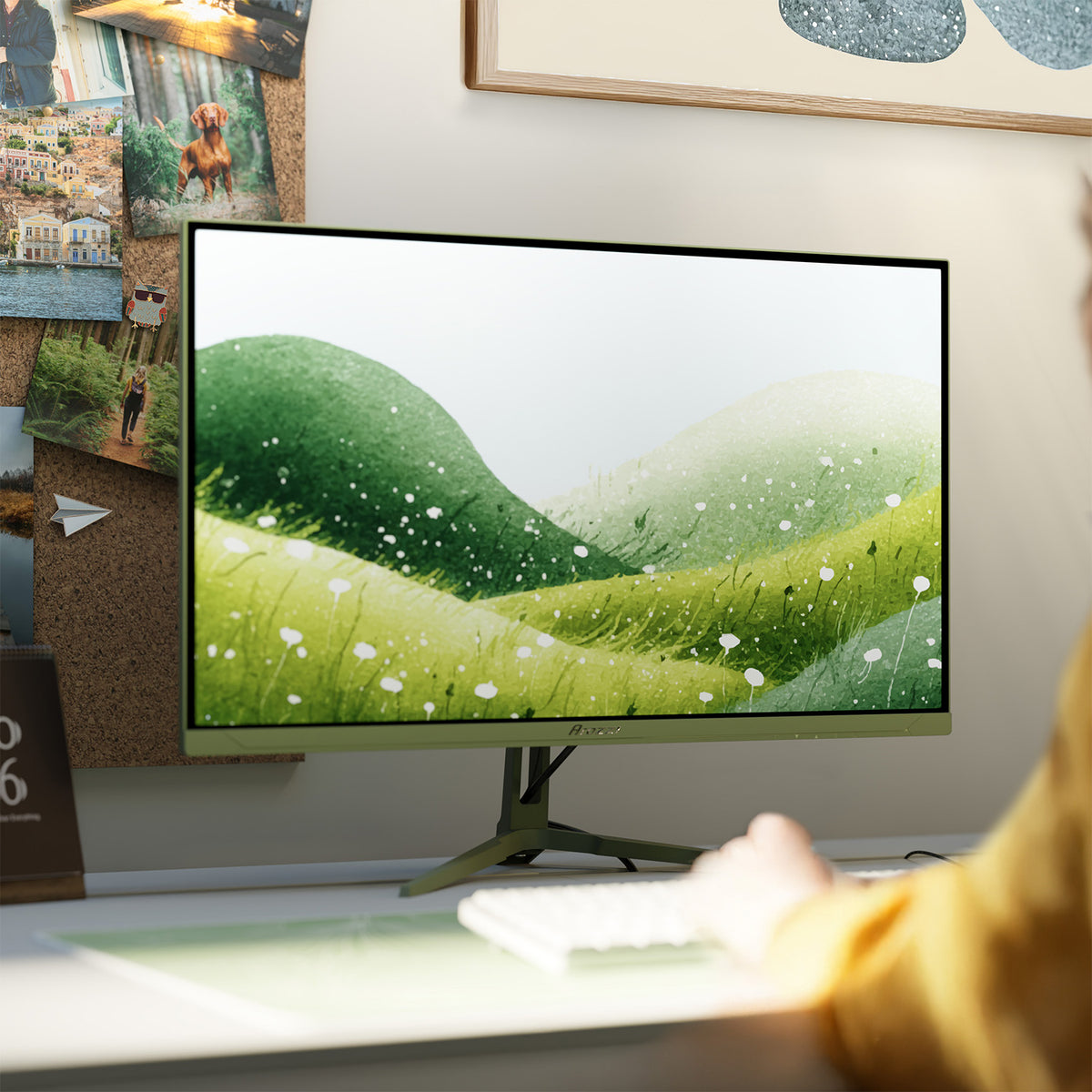 Someone at a desk uses the Nova 27″ IPS 260Hz Gaming Monitor by Arozzi Europe with QHD display.