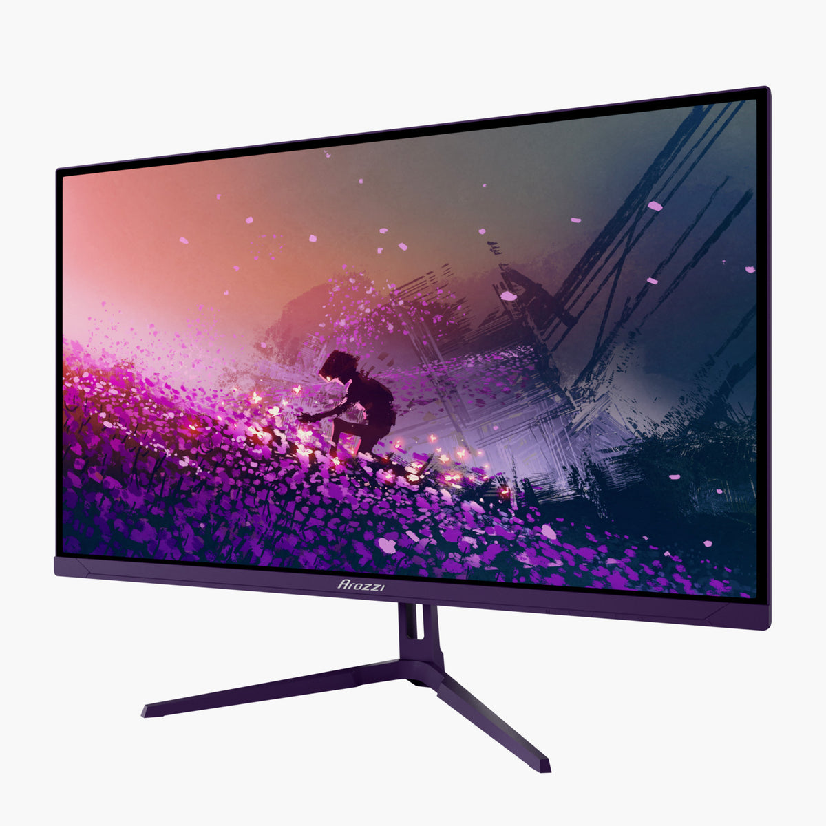Arozzi Europe Nova 27″ 260Hz gaming monitor shows digital art in pink and purple fields.