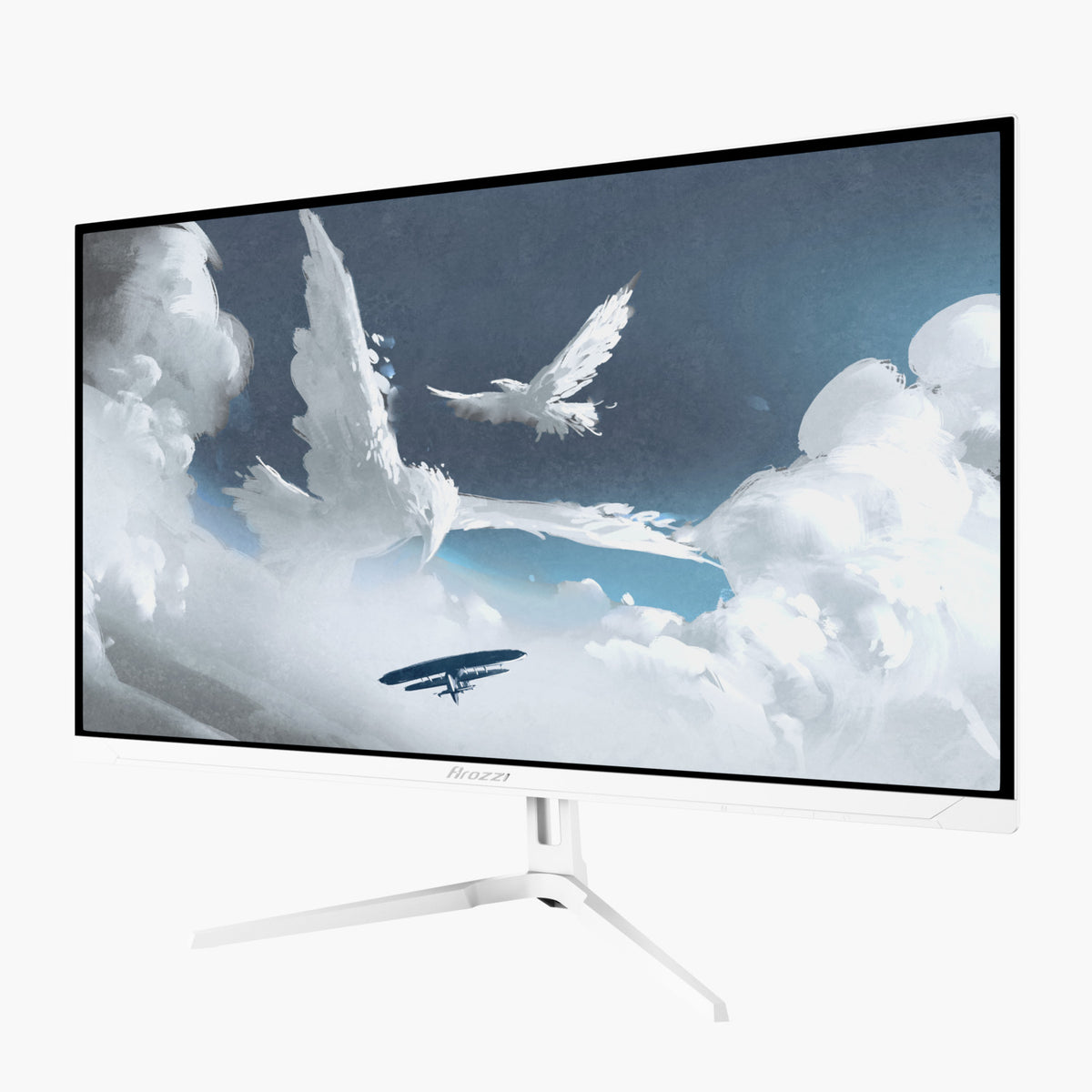 Arozzi Europe Nova 27″ IPS 260Hz shows digital art of white birds and clouds in a blue sky.