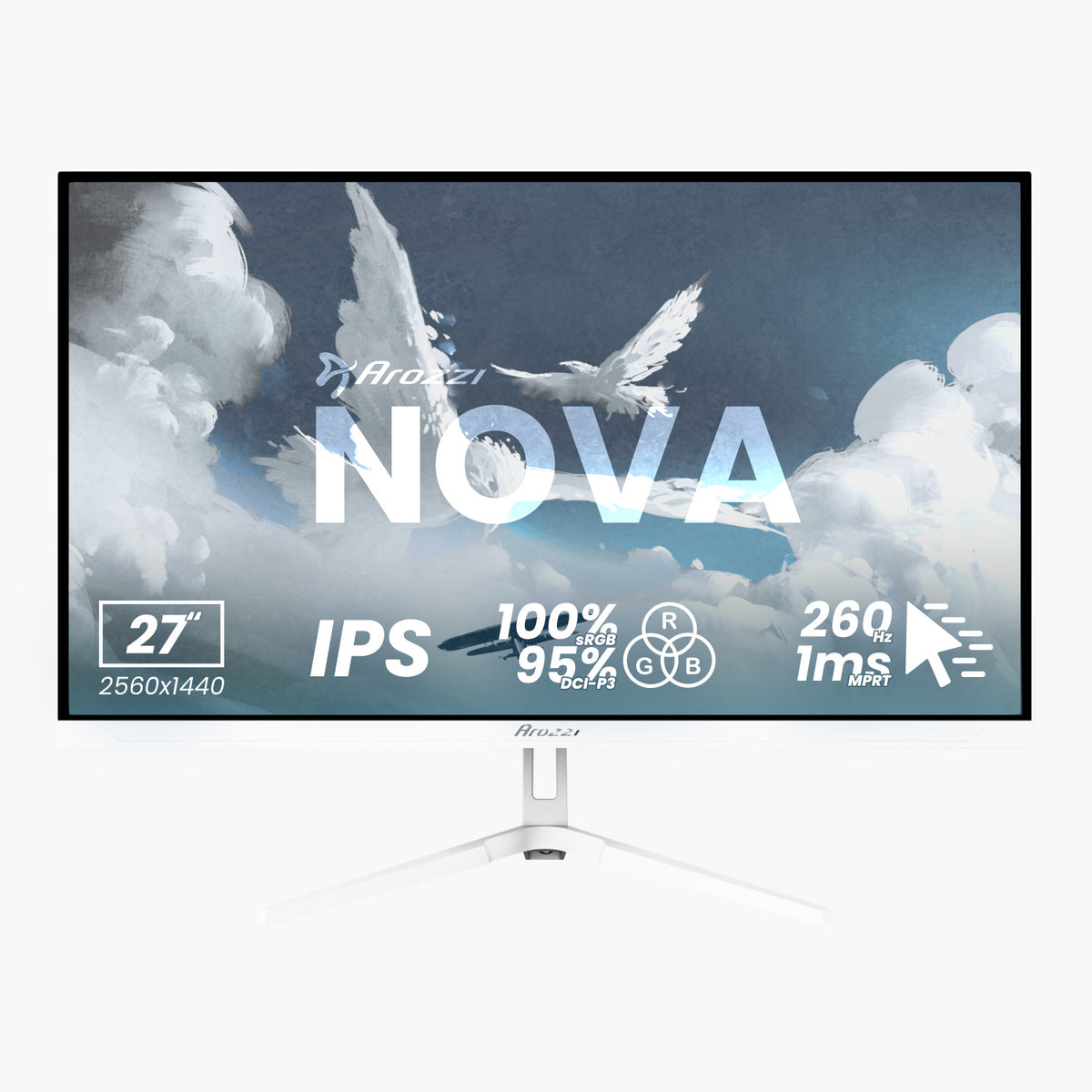 Arozzi Europe Nova 27″ IPS 260Hz QHD gaming monitor, 2560x1440, 1ms, 100% sRGB, white stand.