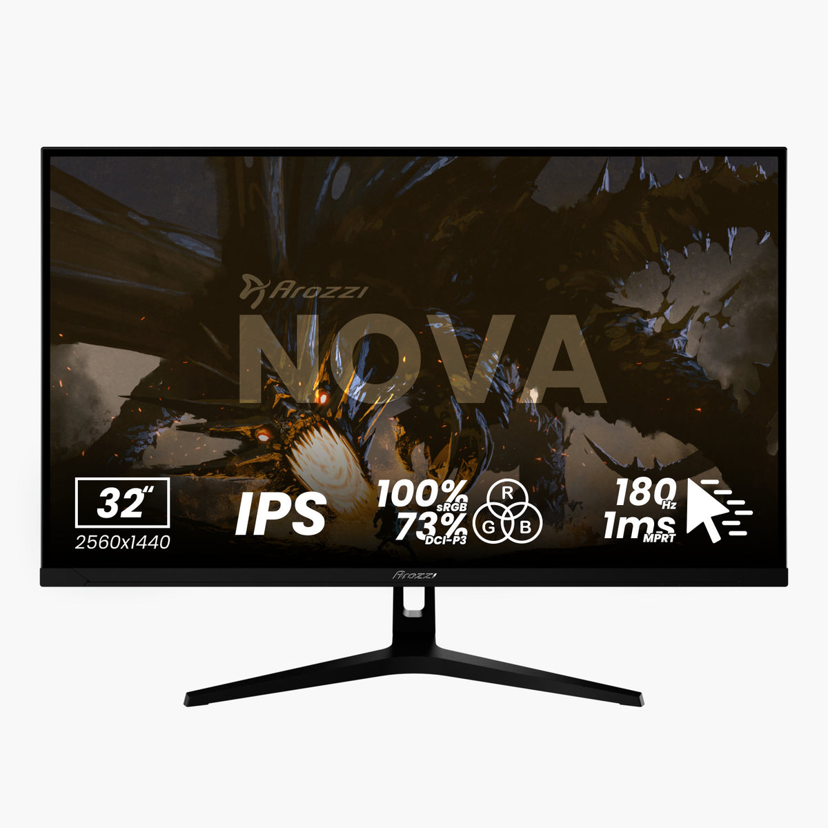 Arozzi Europe Nova 32″ IPS Gaming Monitor, 2560x1440, 1ms, 180Hz refresh rate.