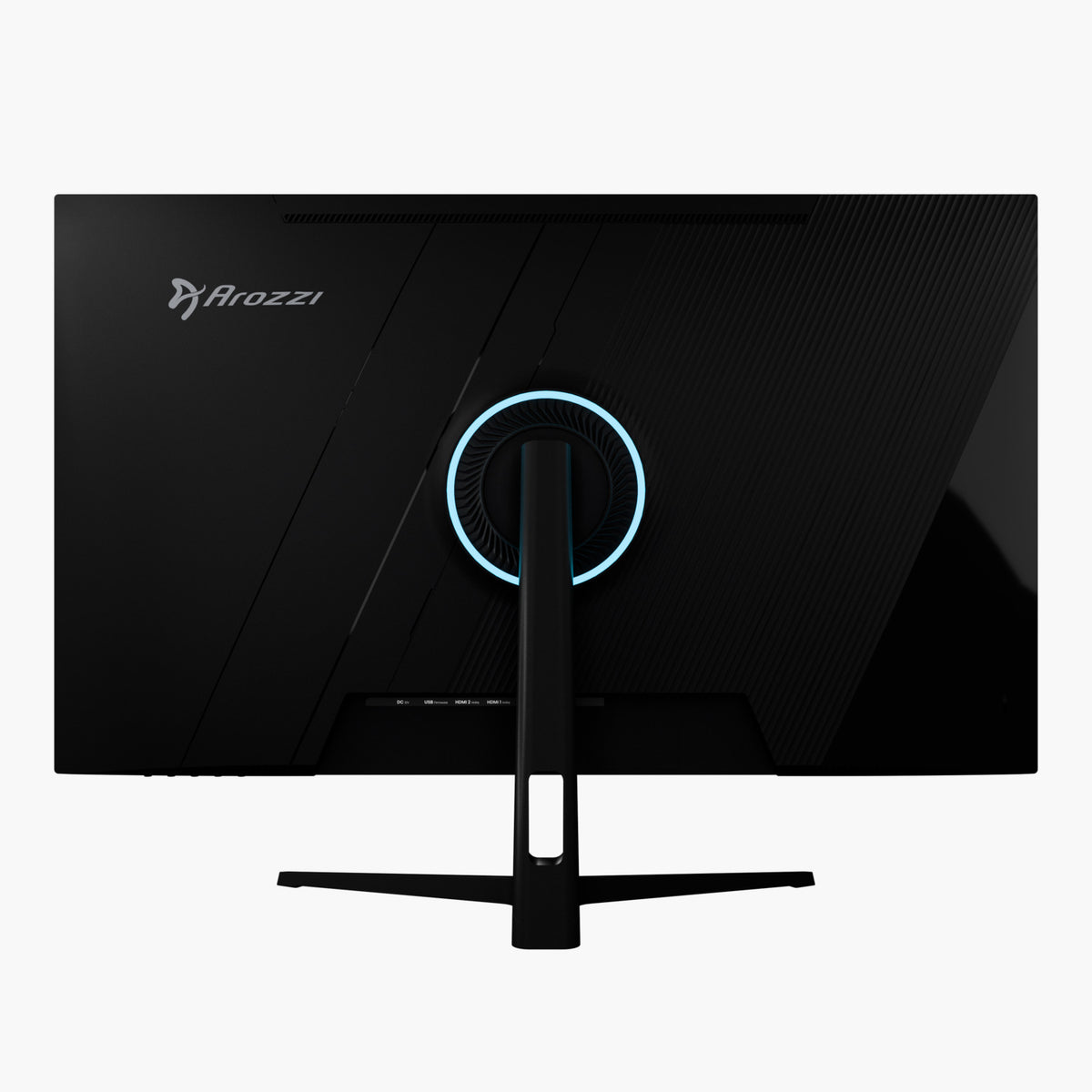 Back view of Arozzi Europe Nova 32″ IPS 180Hz monitor with circular LED light at the stand.