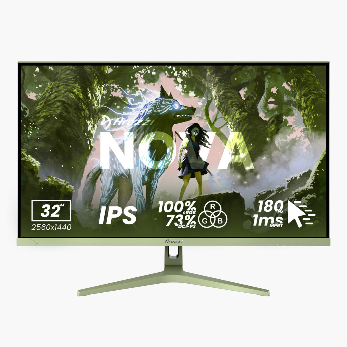 Arozzi Nova 32″ IPS Gaming Monitor, QHD, 180Hz, fantasy art, specs display, silver stand.