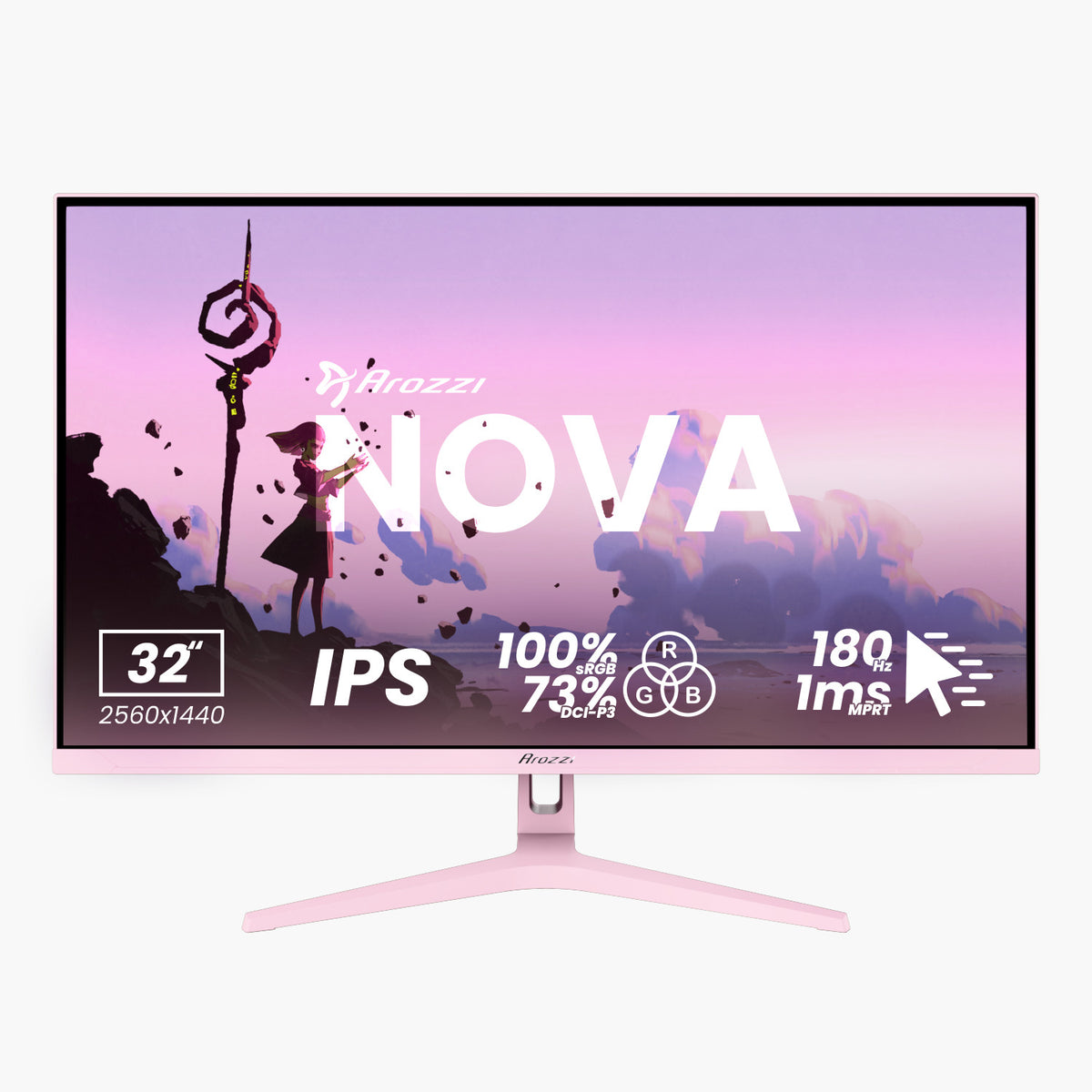 Arozzi Europe Nova 32″ IPS 180Hz pink gaming monitor on white background, showing specs.