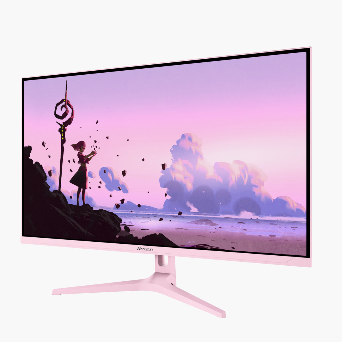 Arozzi Europe Nova 32″ IPS 180Hz pink monitor shows digital art of girl on a cloudy beach.