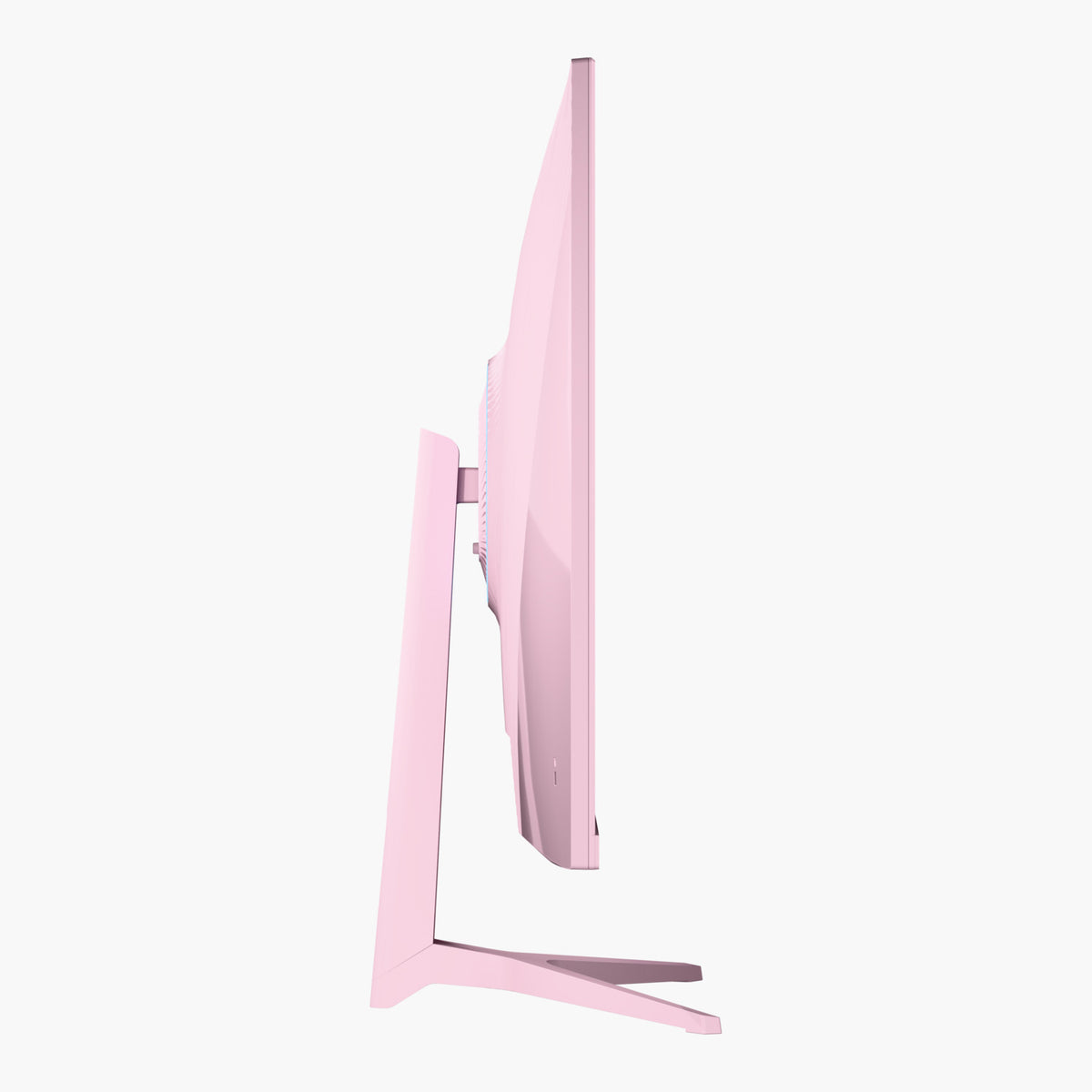Side view of Arozzi Europe Nova 32″ IPS 180Hz Gaming Monitor in pink, minimalist white backdrop.