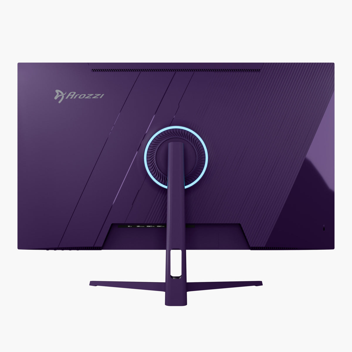 Arozzi Europe Nova 32” IPS 180Hz, back view, circular stand light—ideal for QHD gaming.