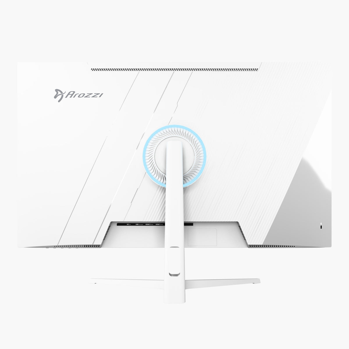 Back of Arozzi Europe Nova 32″ IPS 180Hz gaming monitor, blue-lit stand, white background.