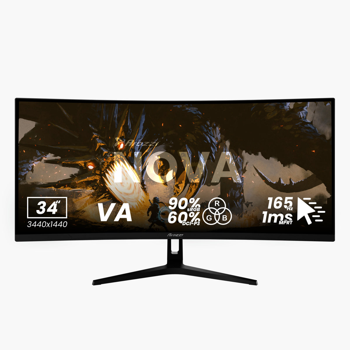 Arozzi Europe Nova 34″ Curved VA, UWQHD, 165Hz, 1ms gaming monitor.
