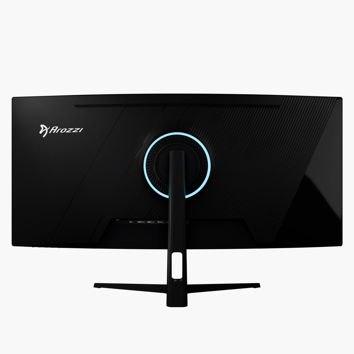 Rear of Arozzi Europe Nova 34″ Curved VA 165Hz gaming monitor with ring LED at stand.