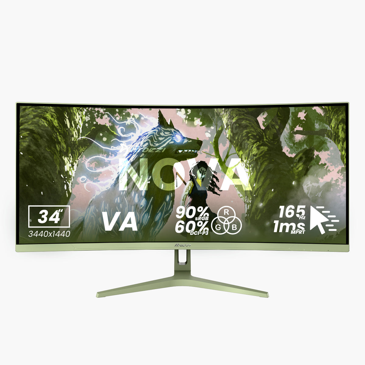 Arozzi Nova 34″ Curved 165Hz Monitor displays a fantasy wolf in vibrant UWQHD resolution.