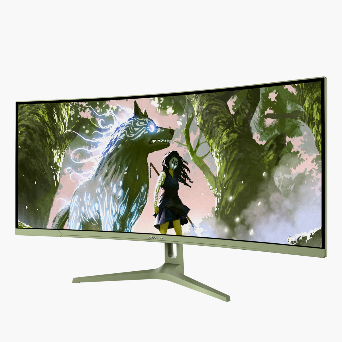 Arozzi Europe Nova 34“ Curved VA 165Hz gaming monitor shows fantasy art of girl, glowing wolf.