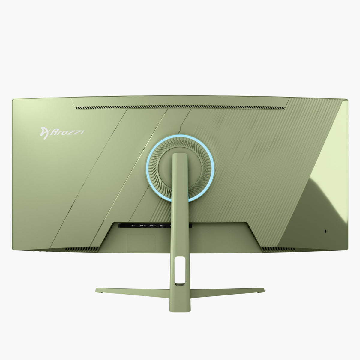 Rear view of green Arozzi Europe Nova 34″ Curved VA 165Hz gaming monitor with sleek LED design.