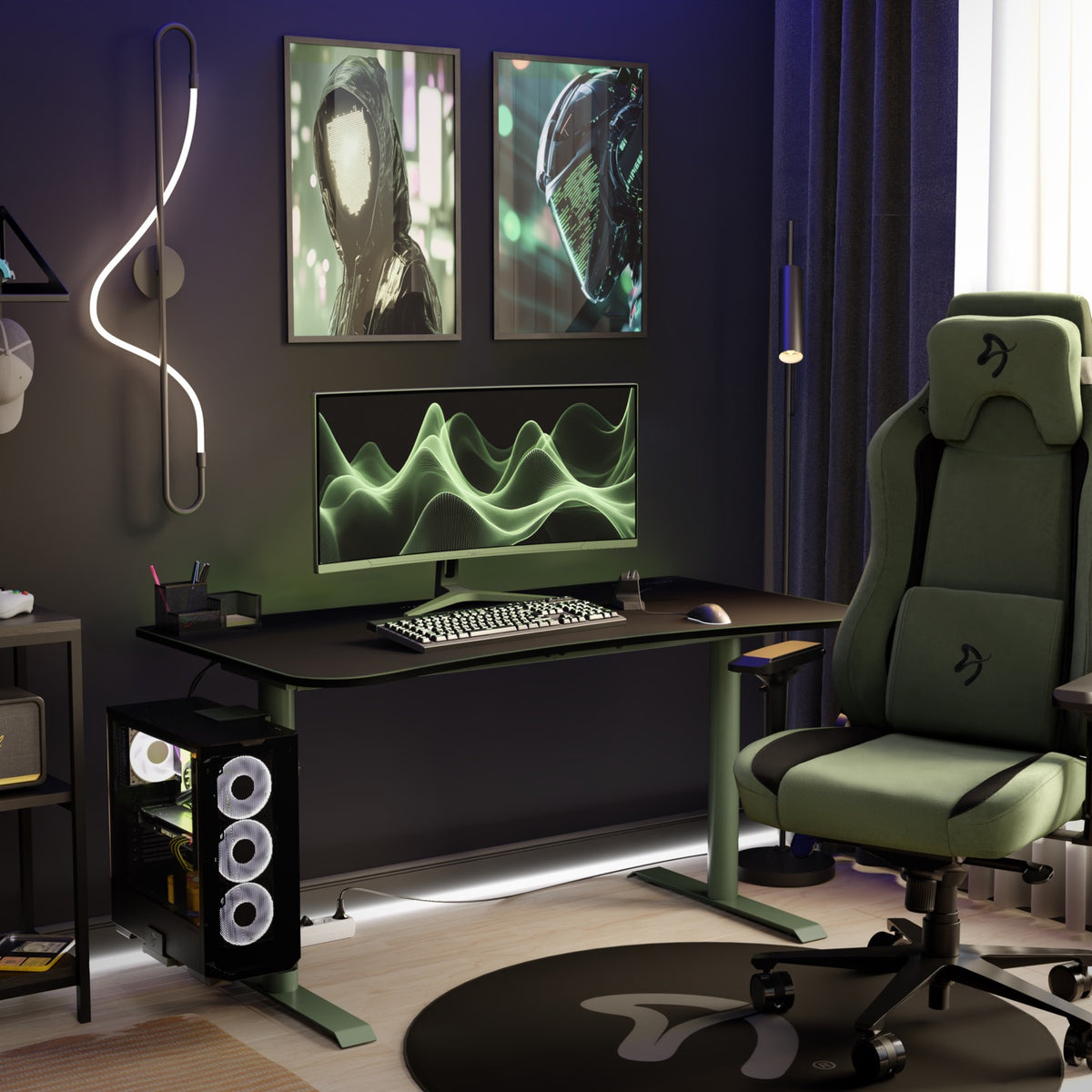 Nova 34″ Curved VA 165Hz by Arozzi: dual monitors, UWQHD, green chair, neon lights, wall art.