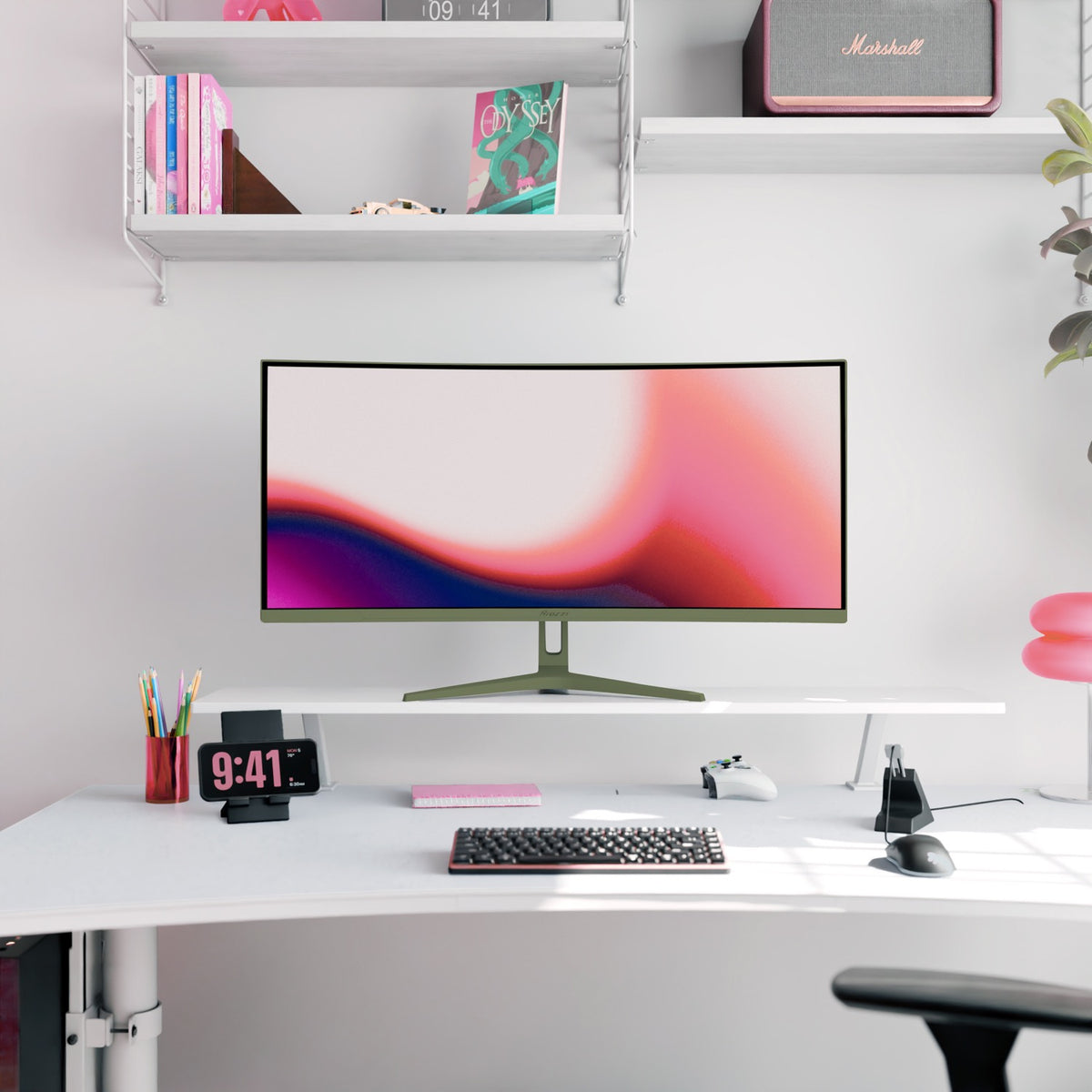 Arozzi Europe Nova 34″ Curved VA 165Hz monitor on white desk with keyboard, mouse, shelf above.