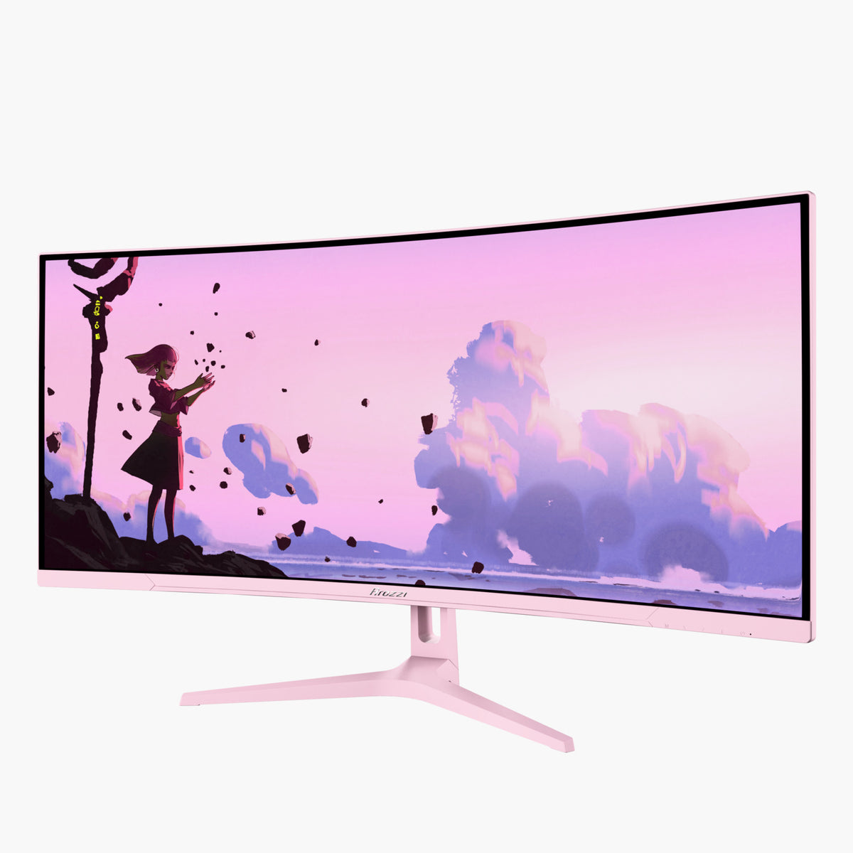 Arozzi Europe Nova 34″ Curved VA 165Hz shows pink digital art of a girl with petals, clouds.