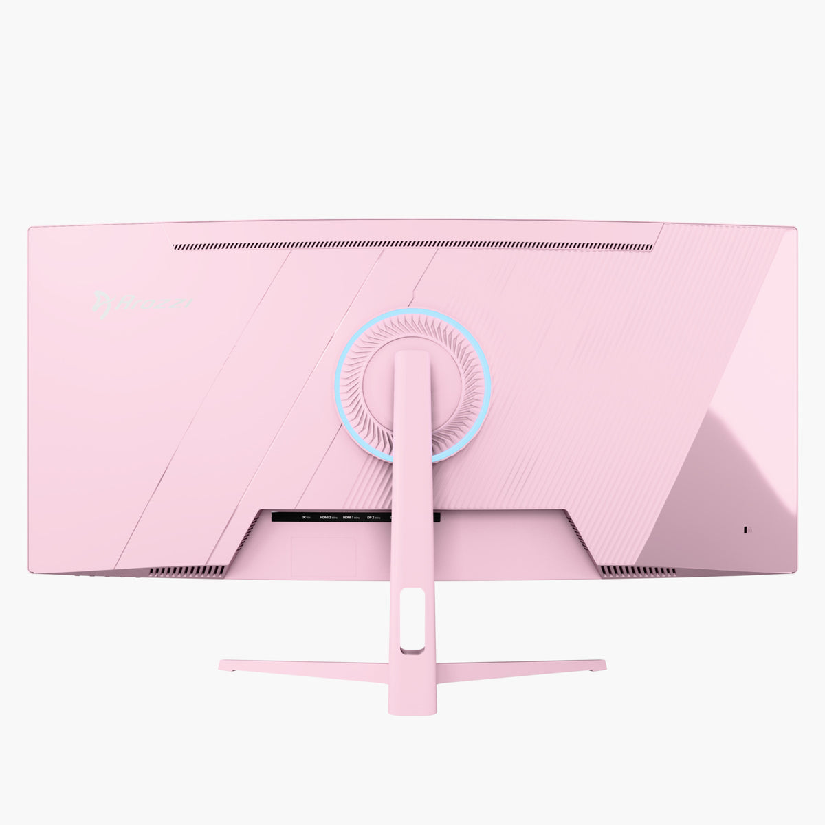 Back view of Arozzi Nova 34″ pink curved gaming monitor, LED ring at stand attachment.